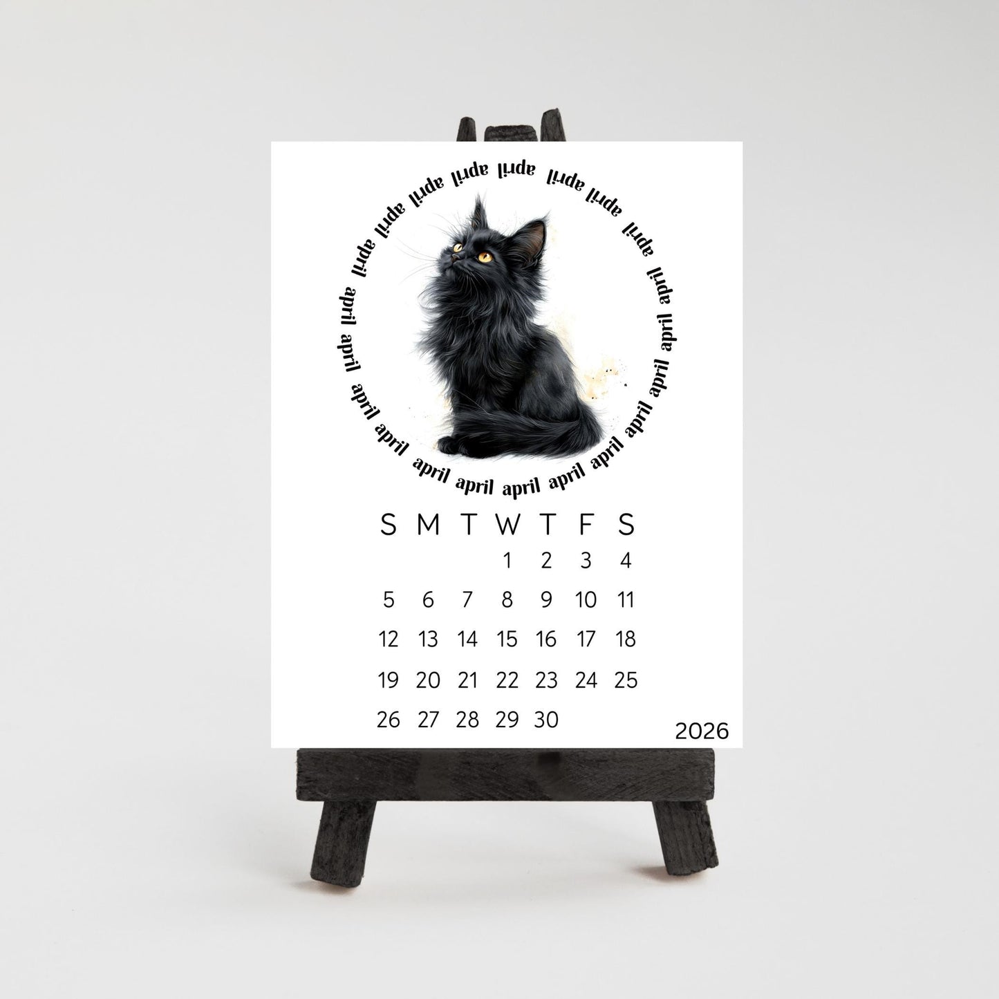 2026 Cute Black Cat Mini Desk Calendar – 3.3" x 4.5" Laminated, Optional Wood Easel Stand, Cat Lover Gift, Small Desktop Office Decor - The Pawprint Paperie