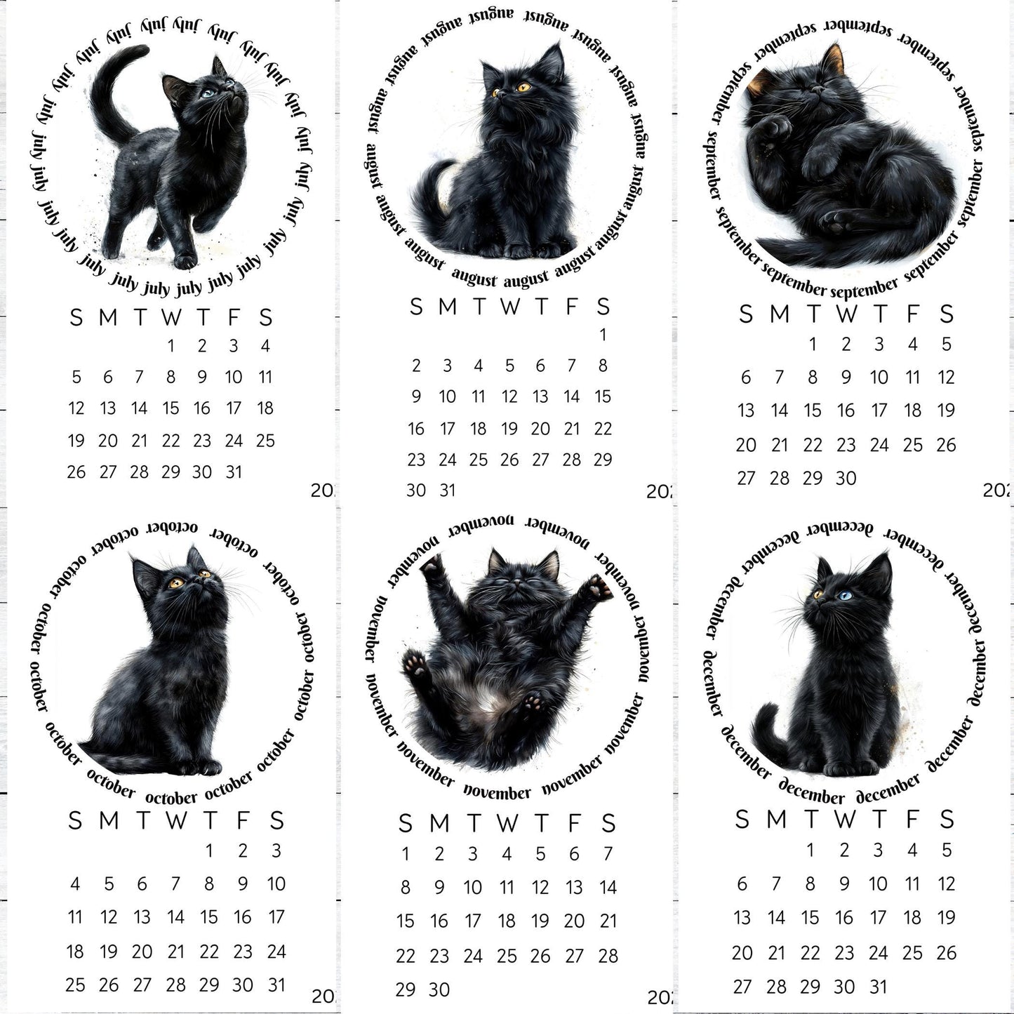 2026 Cute Black Cat Mini Desk Calendar – 3.3" x 4.5" Laminated, Optional Wood Easel Stand, Cat Lover Gift, Small Desktop Office Decor - The Pawprint Paperie
