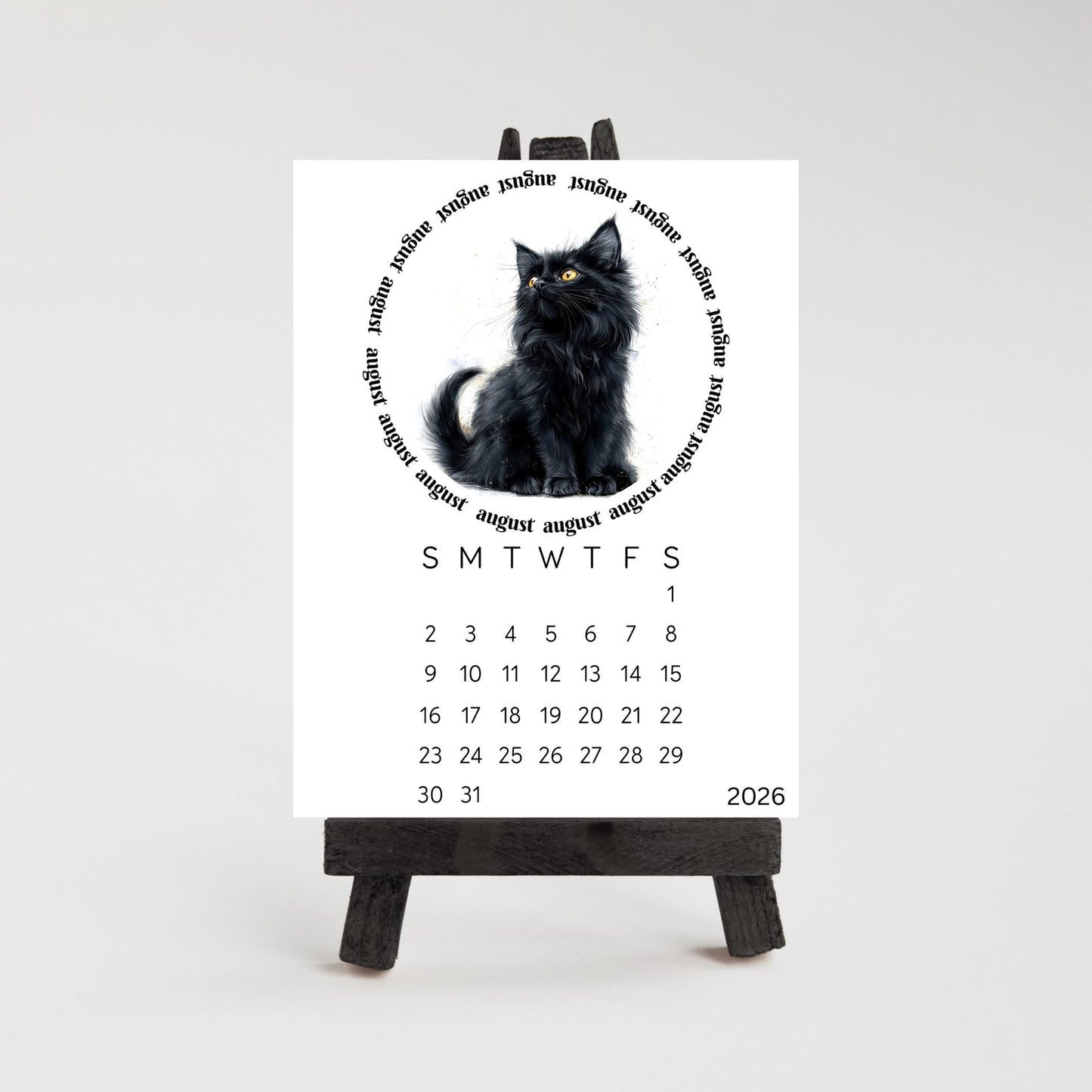2026 Cute Black Cat Mini Desk Calendar – 3.3" x 4.5" Laminated, Optional Wood Easel Stand, Cat Lover Gift, Small Desktop Office Decor - The Pawprint Paperie