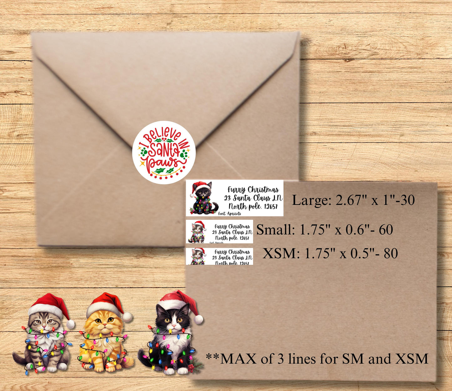 Christmas Cat Address Labels β Holiday Return Address Stickers with Cats in Santa Hats & Lights β FREE Matching Envelope Seals - The Pawprint Paperie