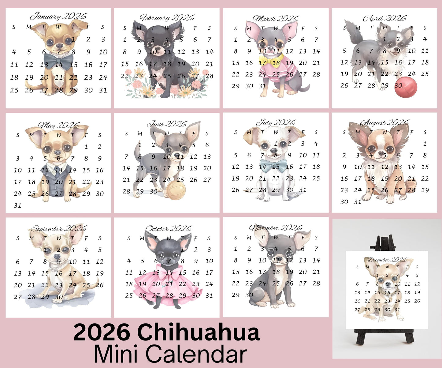 2026 Chihuahua Calendar, Mini Calendar for Small Desk Space, Optional Wood Display Stand, Special Gift for Chihuahua Mom, Cute Dog Calendar - The Pawprint Paperie