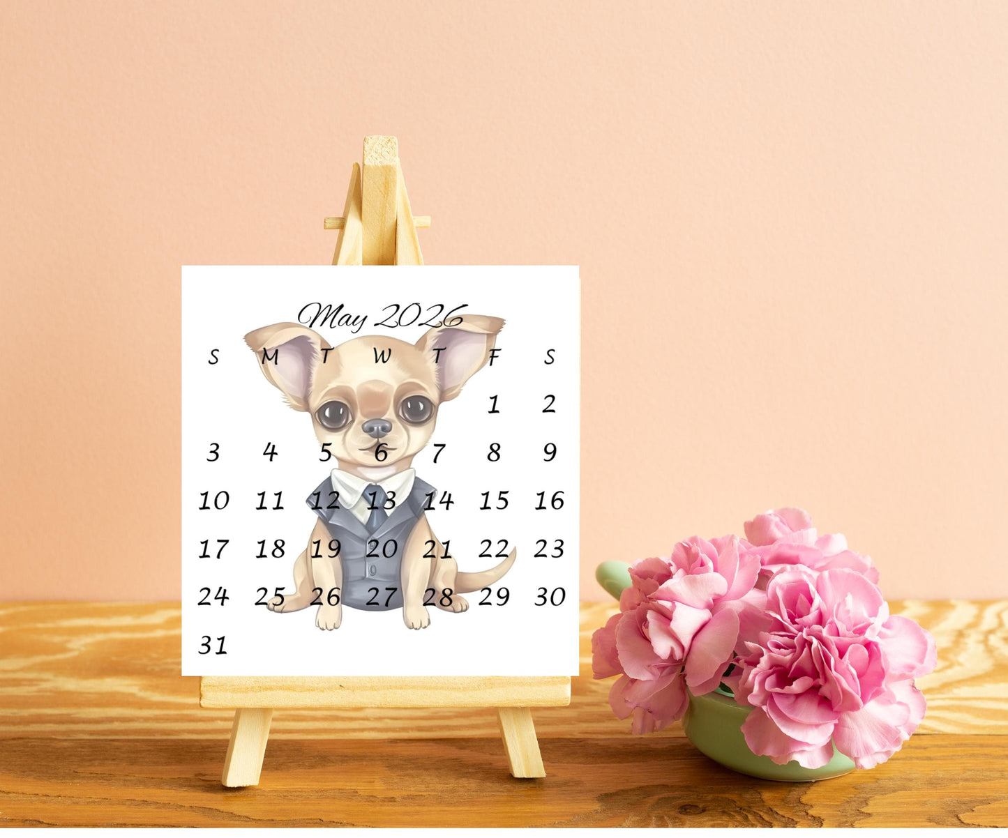 2026 Chihuahua Calendar, Mini Calendar for Small Desk Space, Optional Wood Display Stand, Special Gift for Chihuahua Mom, Cute Dog Calendar - The Pawprint Paperie