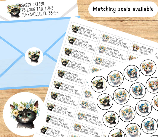 Flower cat return address envelope label - Custom peel and stick mailing sticker - Cat planner sticker - custom address sticker - snail mail - The Pawprint Paperie