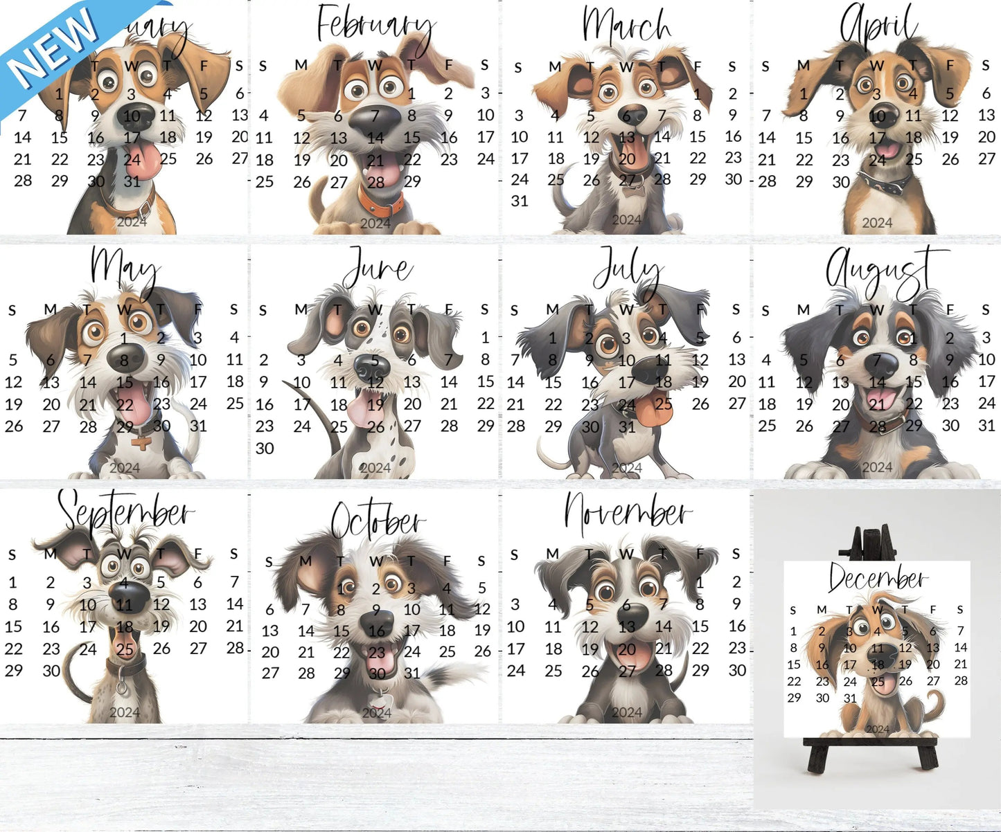 Goofy dogs 2026 stand up calendar for small desk - optional wooden stand - Mini dog calendar-dog lover christmas gift, coworker, friend, mom - The Pawprint Paperie