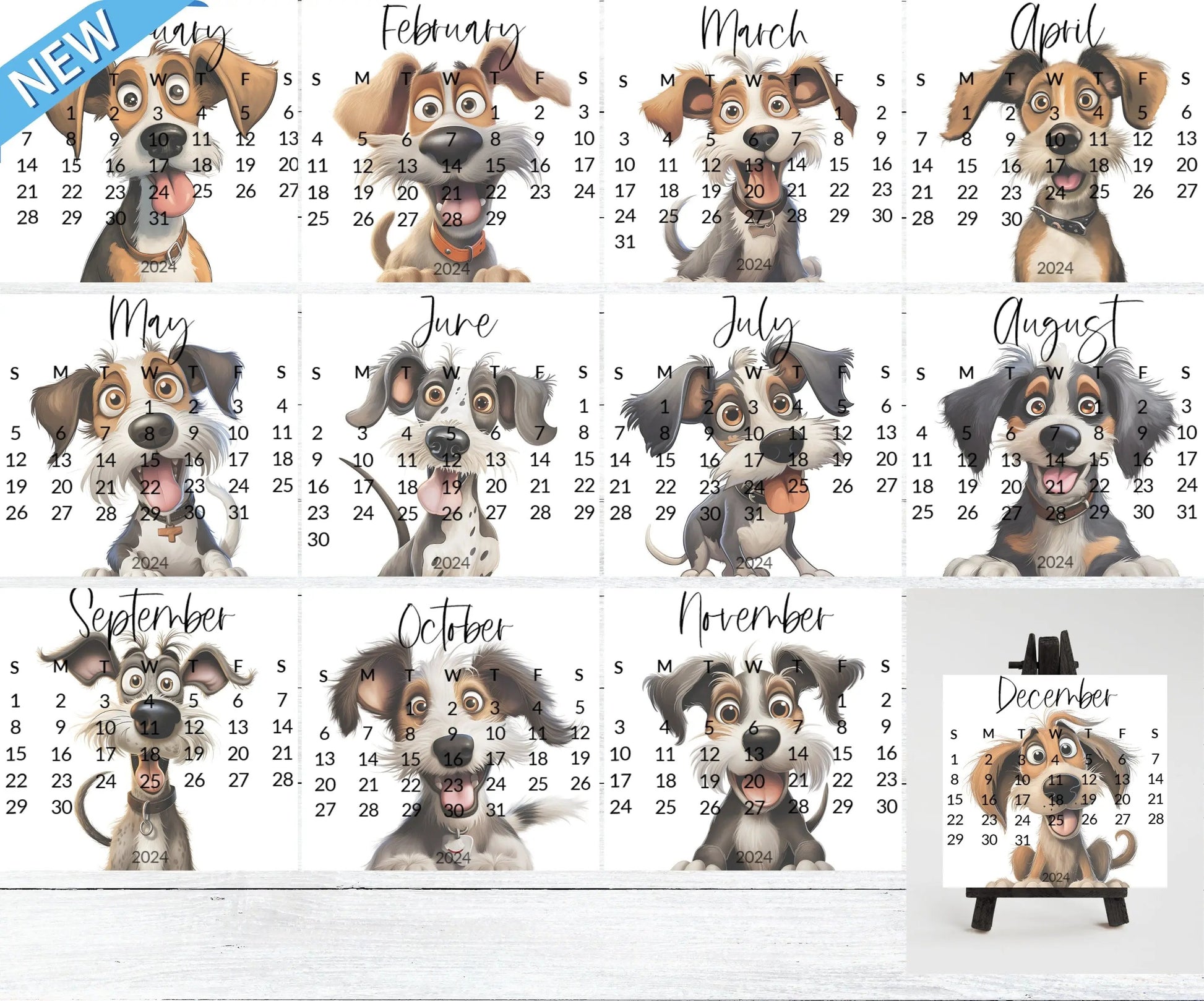 Goofy dogs 2026 stand up calendar for small desk - optional wooden stand - Mini dog calendar-dog lover christmas gift, coworker, friend, mom - The Pawprint Paperie