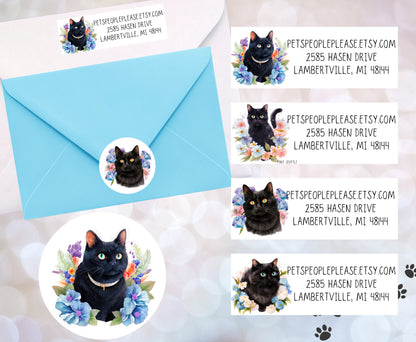 Black Cat Floral Return Address Labels, Cute Envelope Seal Stickers FREE, Printed Cat Labels for Snail Mail, Happy Mail, Pen Pals Gifts - The Pawprint Paperie