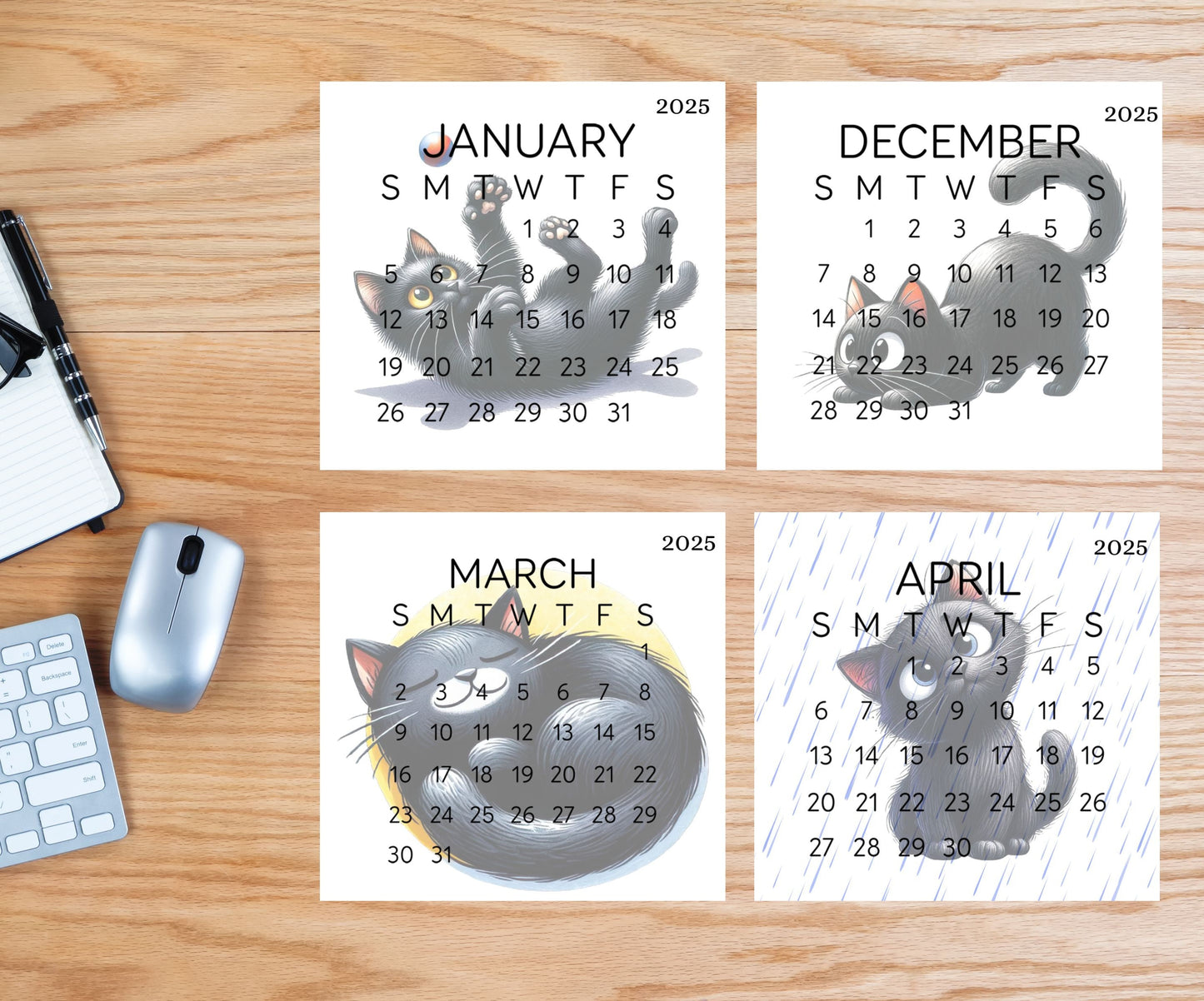 2026 Funny Black Cat Small Desk Calendar – Laminated 3.25&quot; x 3&quot; with Optional Wood Stand, Unique Cat Lover Gift, Cute Office Decor - The Pawprint Paperie