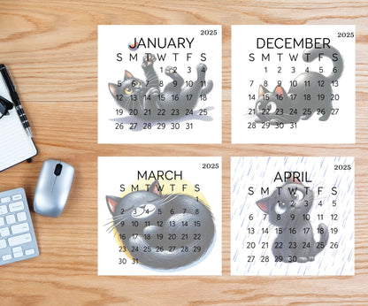 2026 Funny Black Cat Small Desk Calendar – Laminated 3.25&quot; x 3&quot; with Optional Wood Stand, Unique Cat Lover Gift, Cute Office Decor - The Pawprint Paperie