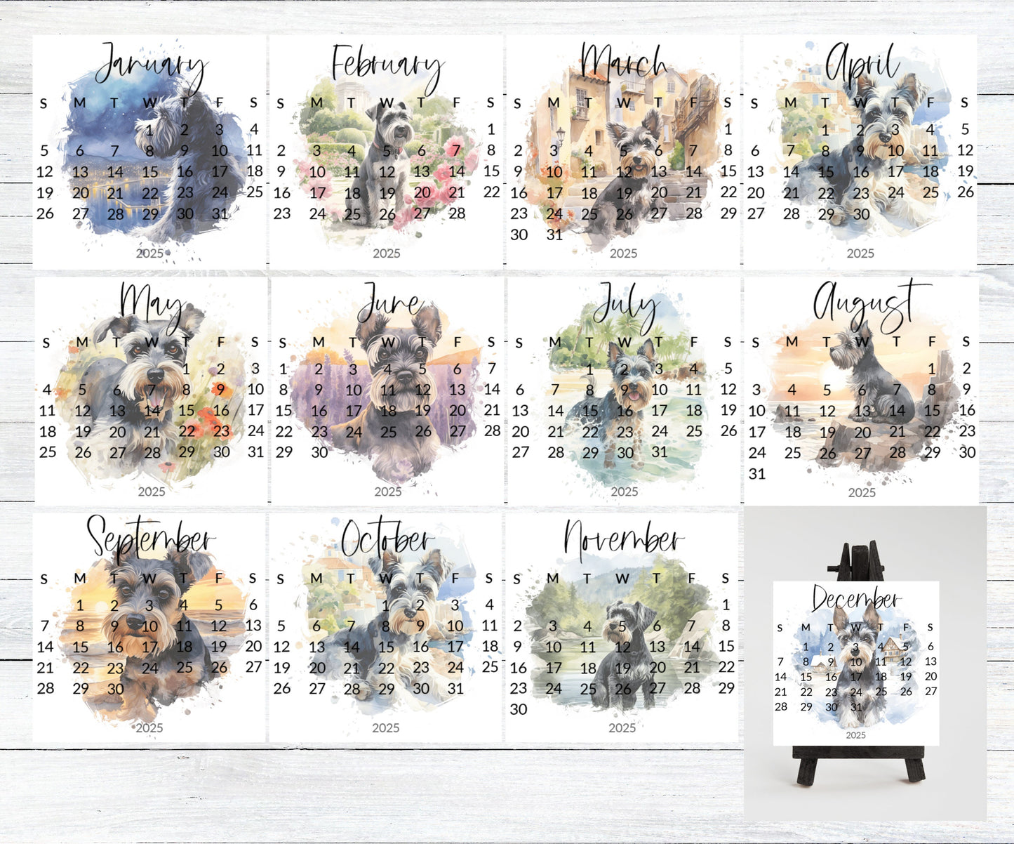 2026 Schnauzer Small desk mini calendar optional wood display stand - Small office desktop calendar - Unique Dog lovers - Pet parent gift - The Pawprint Paperie