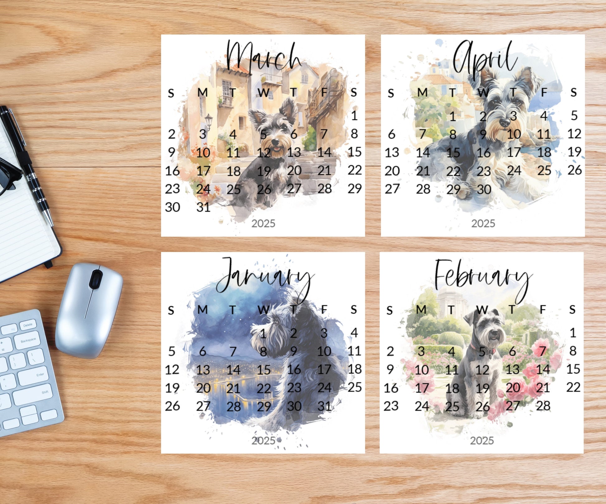 2026 Schnauzer Small desk mini calendar optional wood display stand - Small office desktop calendar - Unique Dog lovers - Pet parent gift - The Pawprint Paperie