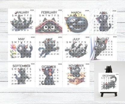 2026 Funny Black Cat Small Desk Calendar – Laminated 3.25&quot; x 3&quot; with Optional Wood Stand, Unique Cat Lover Gift, Cute Office Decor - The Pawprint Paperie