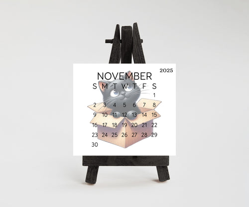 2026 Funny Black Cat Small Desk Calendar – Laminated 3.25&quot; x 3&quot; with Optional Wood Stand, Unique Cat Lover Gift, Cute Office Decor - The Pawprint Paperie