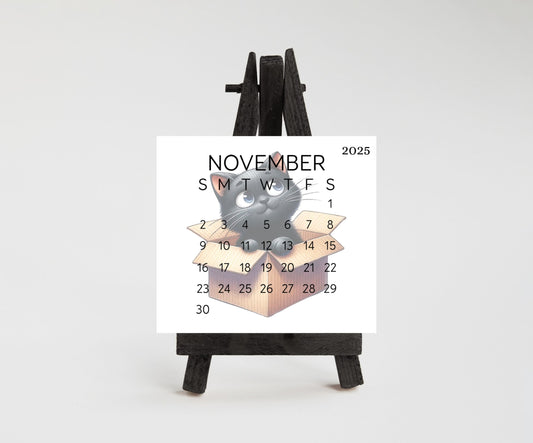 2026 Funny Black Cat Small Desk Calendar – Laminated 3.25&quot; x 3&quot; with Optional Wood Stand, Unique Cat Lover Gift, Cute Office Decor - The Pawprint Paperie