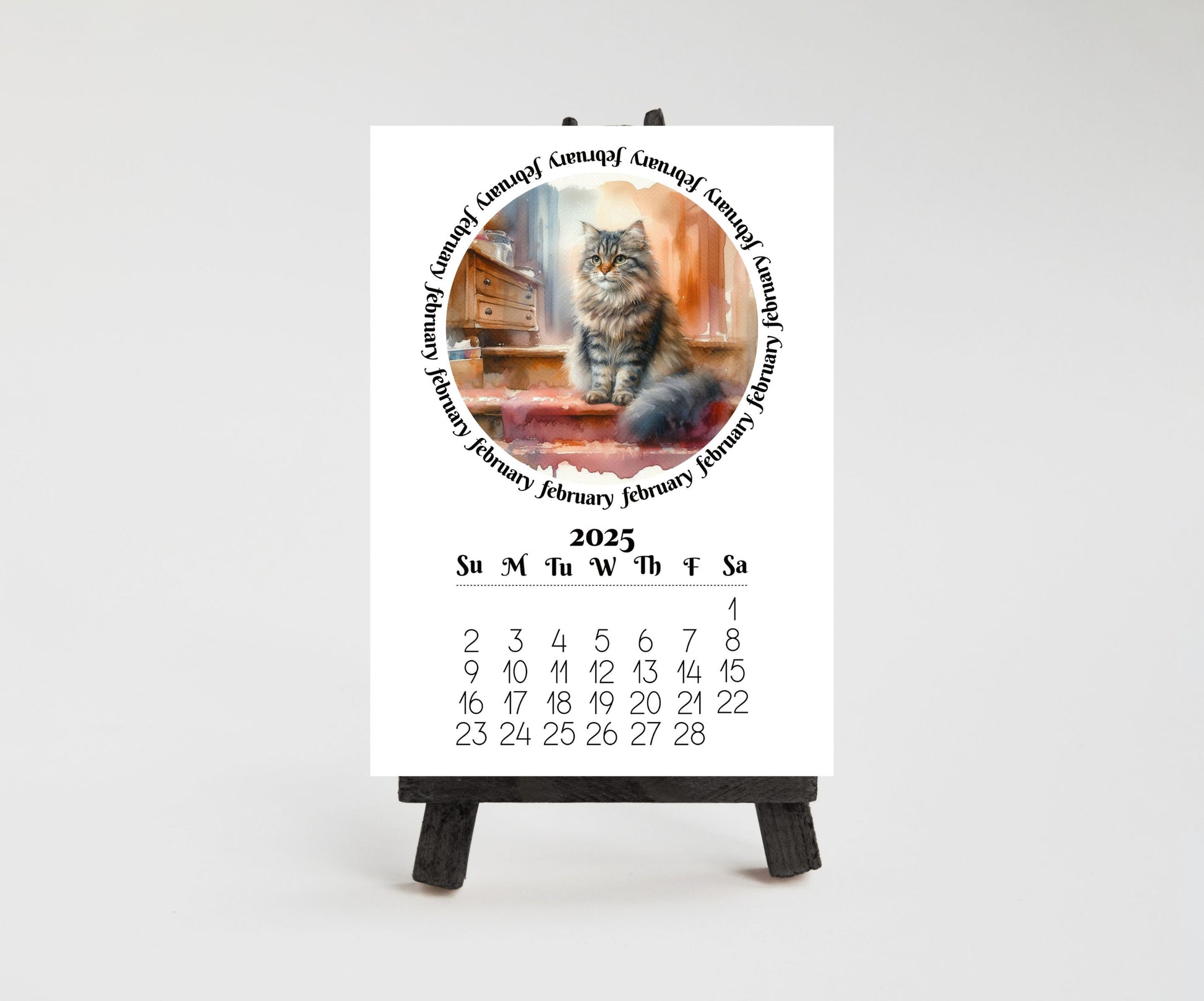 2026 Mini Long Haired Cat mini Calendar - Small Desk Calendar - Optional Wood Display stand - Desktop Calendar - Gift for cat lovers/moms - The Pawprint Paperie