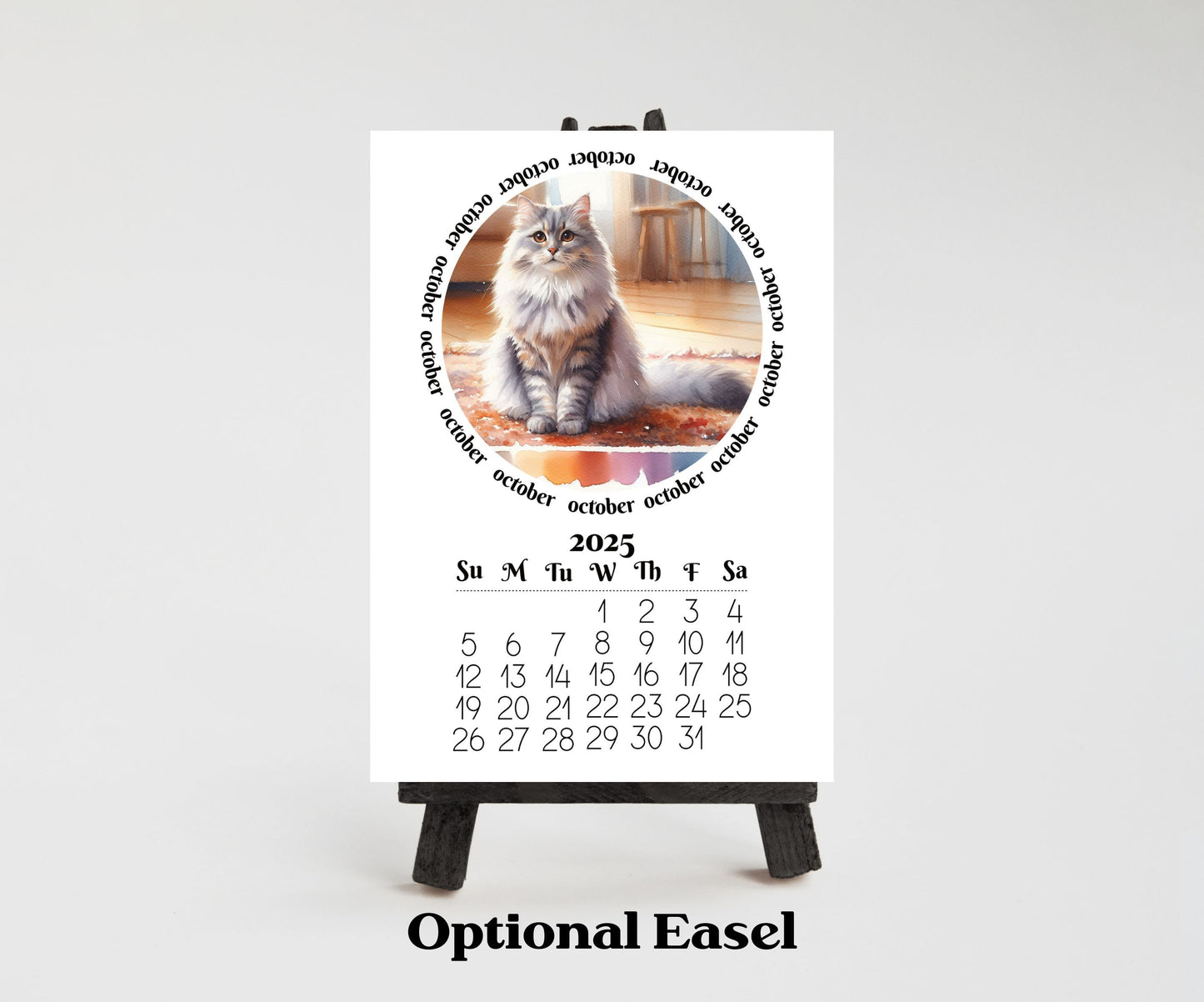 2026 Mini Long Haired Cat mini Calendar - Small Desk Calendar - Optional Wood Display stand - Desktop Calendar - Gift for cat lovers/moms - The Pawprint Paperie