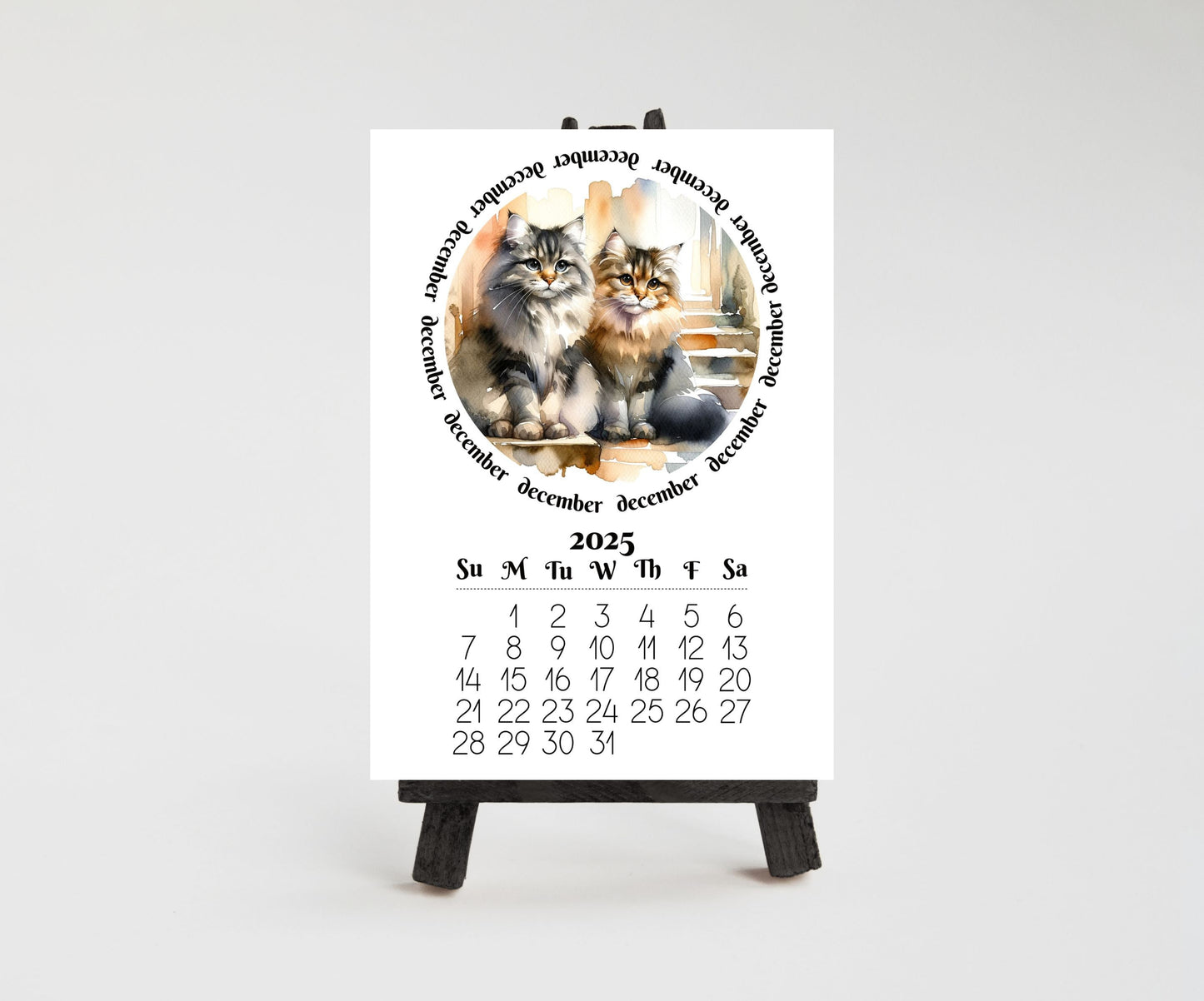 2026 Mini Long Haired Cat mini Calendar - Small Desk Calendar - Optional Wood Display stand - Desktop Calendar - Gift for cat lovers/moms - The Pawprint Paperie