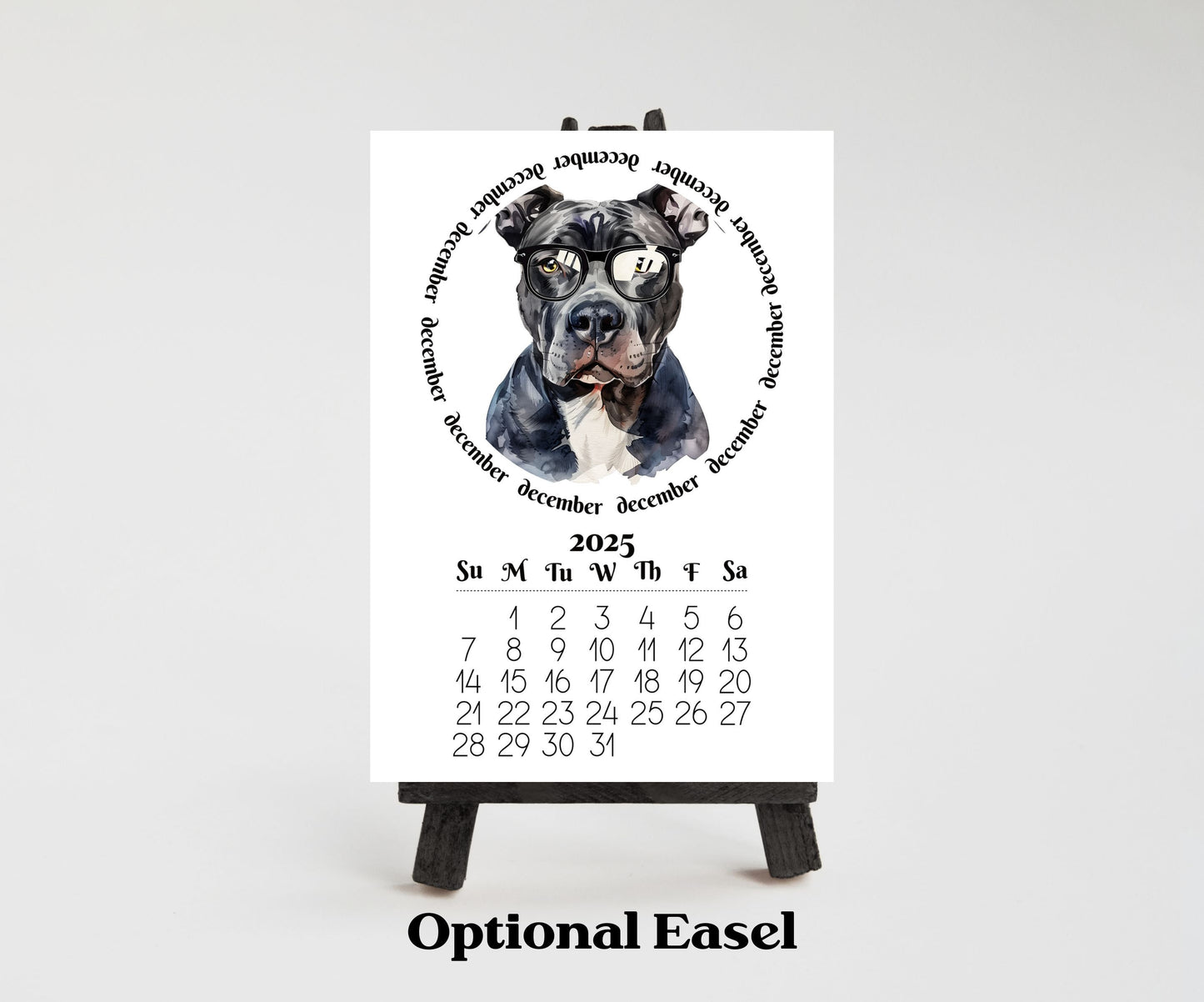 2026 Mini Desk Calendar Featuring Funny Pit Bull Terriers | Small Desk Calendar Optional Wood Display stand | Lamination Available | Pittie - The Pawprint Paperie