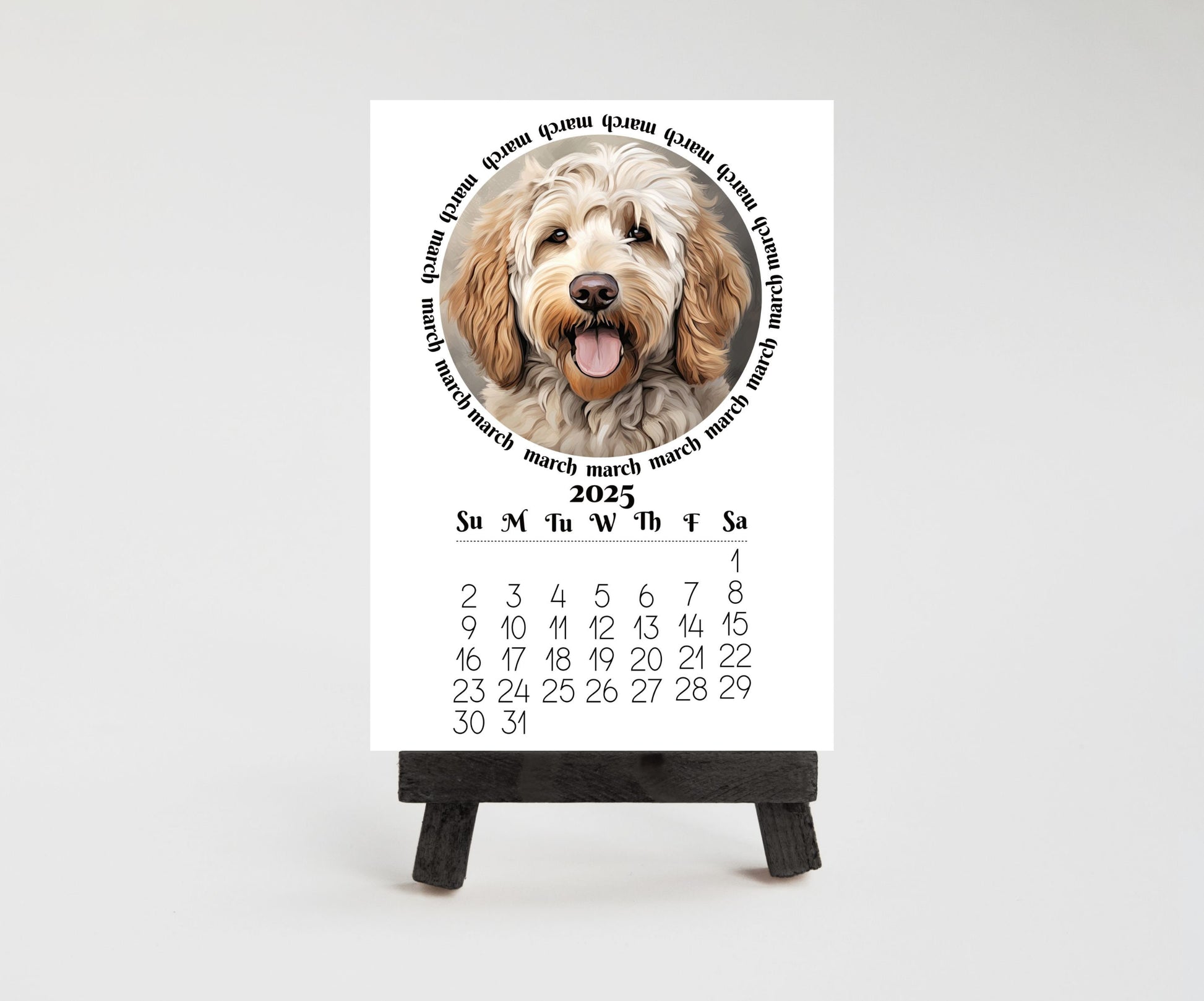 2026 mini monthly calendar optional wood stand, doodles. Small office desktop calendar. Stand up calendar. Dog mom or dad gift. Dog lovers - The Pawprint Paperie