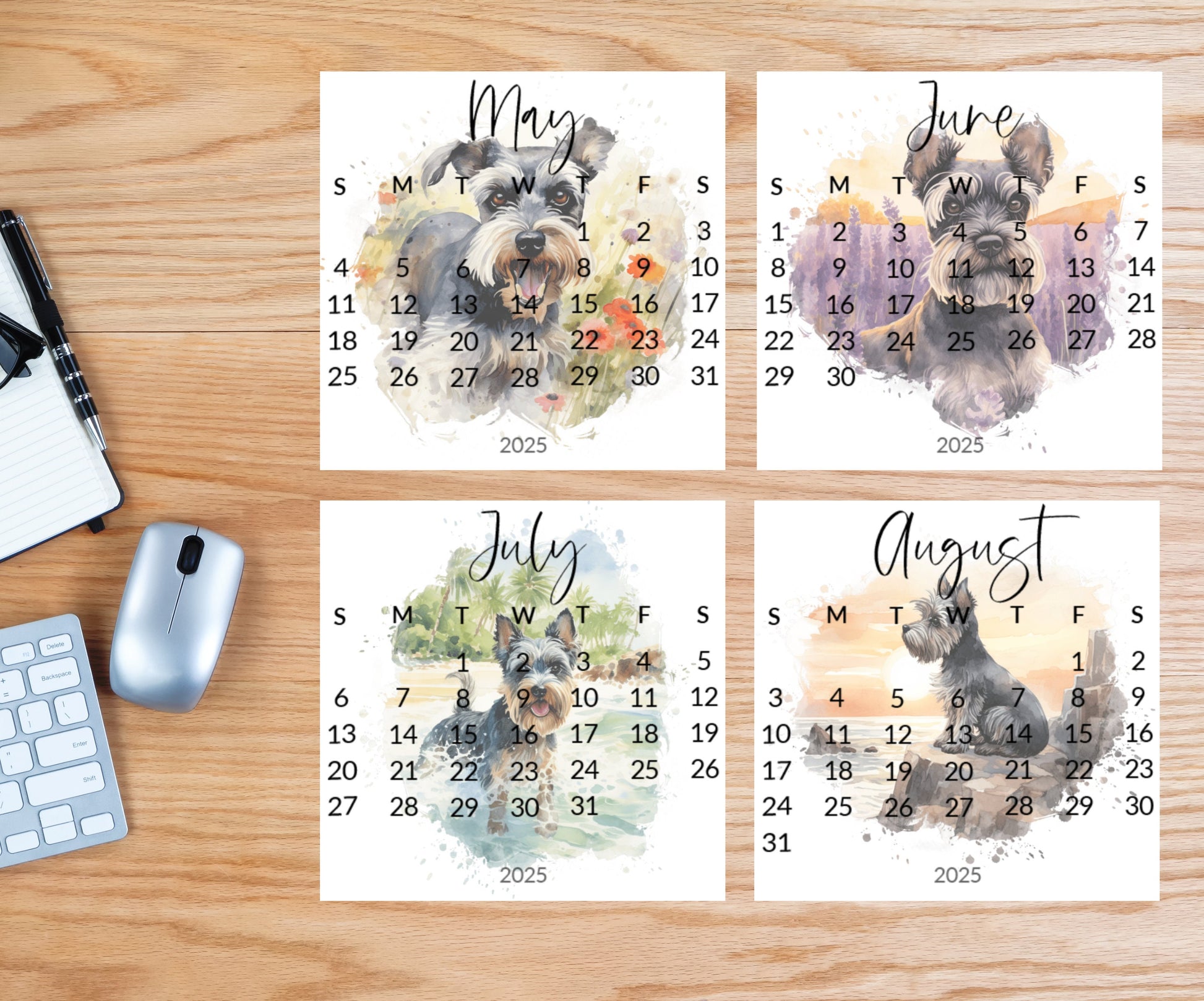 2026 Schnauzer Small desk mini calendar optional wood display stand - Small office desktop calendar - Unique Dog lovers - Pet parent gift - The Pawprint Paperie