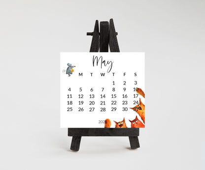 Silly cat small desk 2026 Calendar - Stand up mini calendar desktop or tabletop - small space calendar optional wood display stand/easel - The Pawprint Paperie