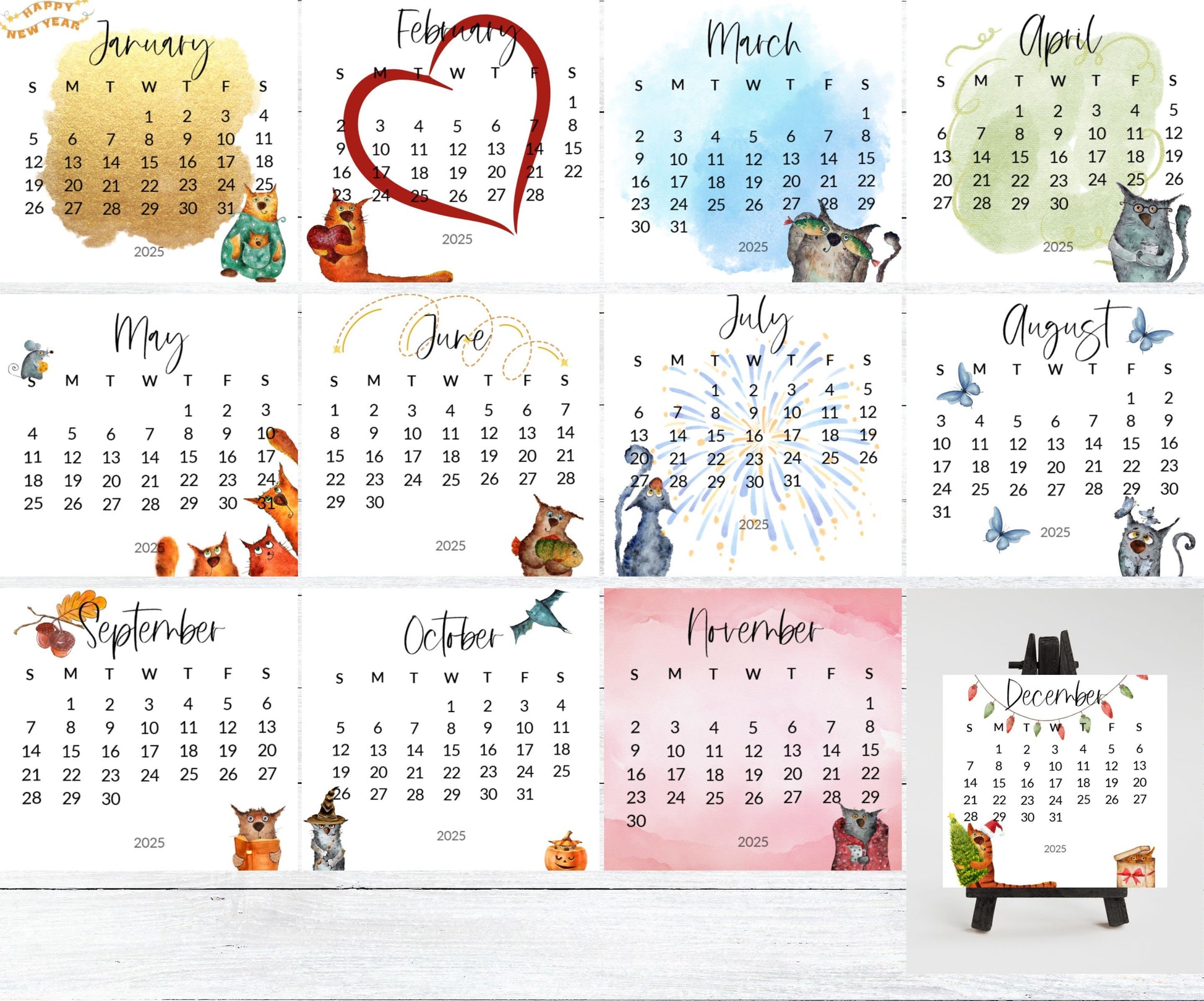Silly cat small desk 2026 Calendar - Stand up mini calendar desktop or tabletop - small space calendar optional wood display stand/easel - The Pawprint Paperie