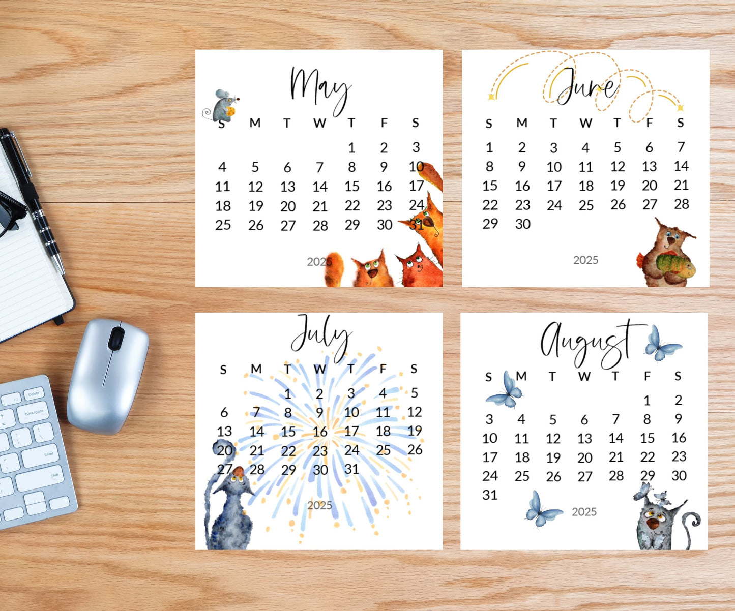 Silly cat small desk 2026 Calendar - Stand up mini calendar desktop or tabletop - small space calendar optional wood display stand/easel - The Pawprint Paperie
