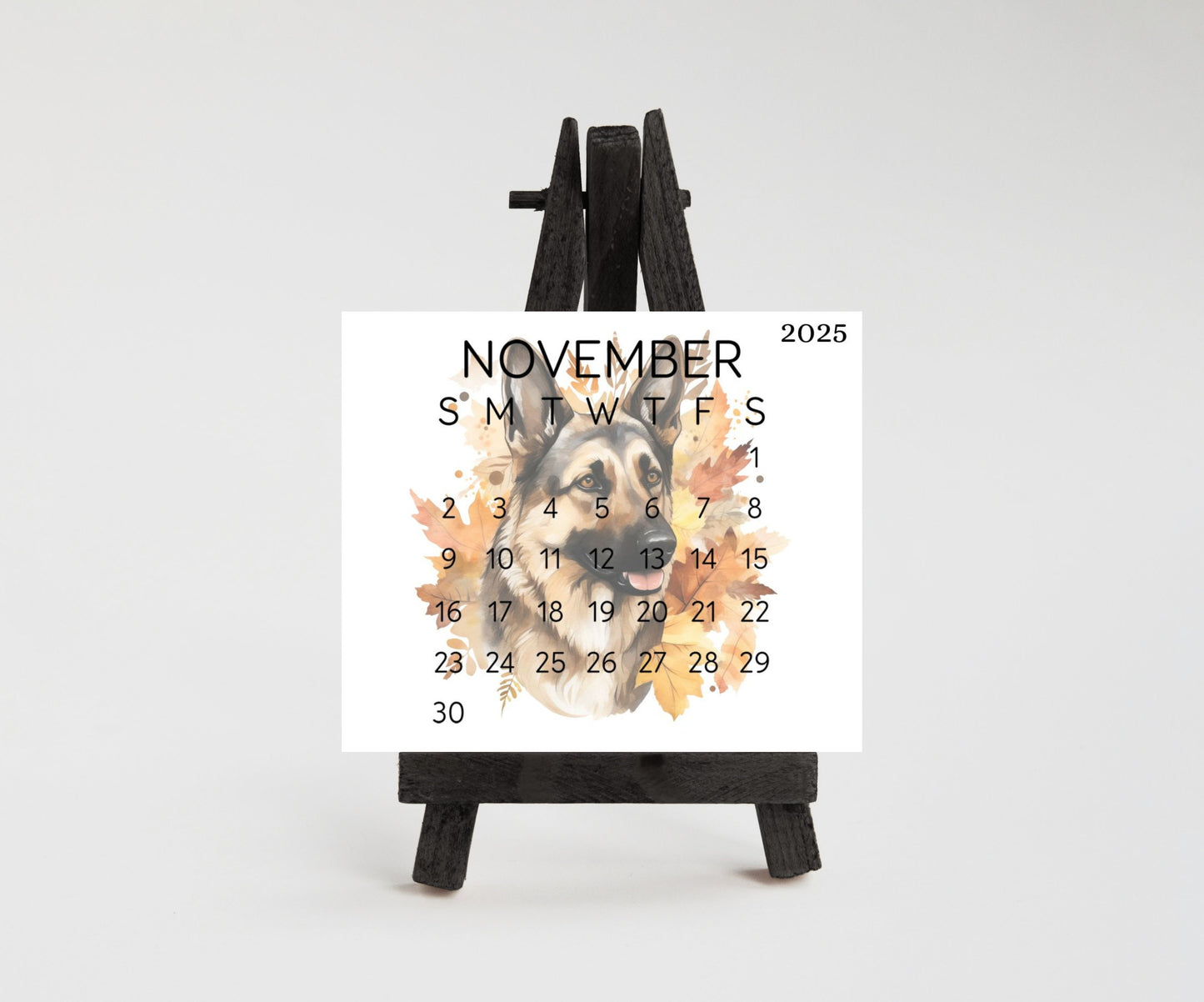 2026 Small Desk German Shephard Calendar, Optional wood display stand, police dog calendar, small office decor, gift for the Shepherd lover - The Pawprint Paperie