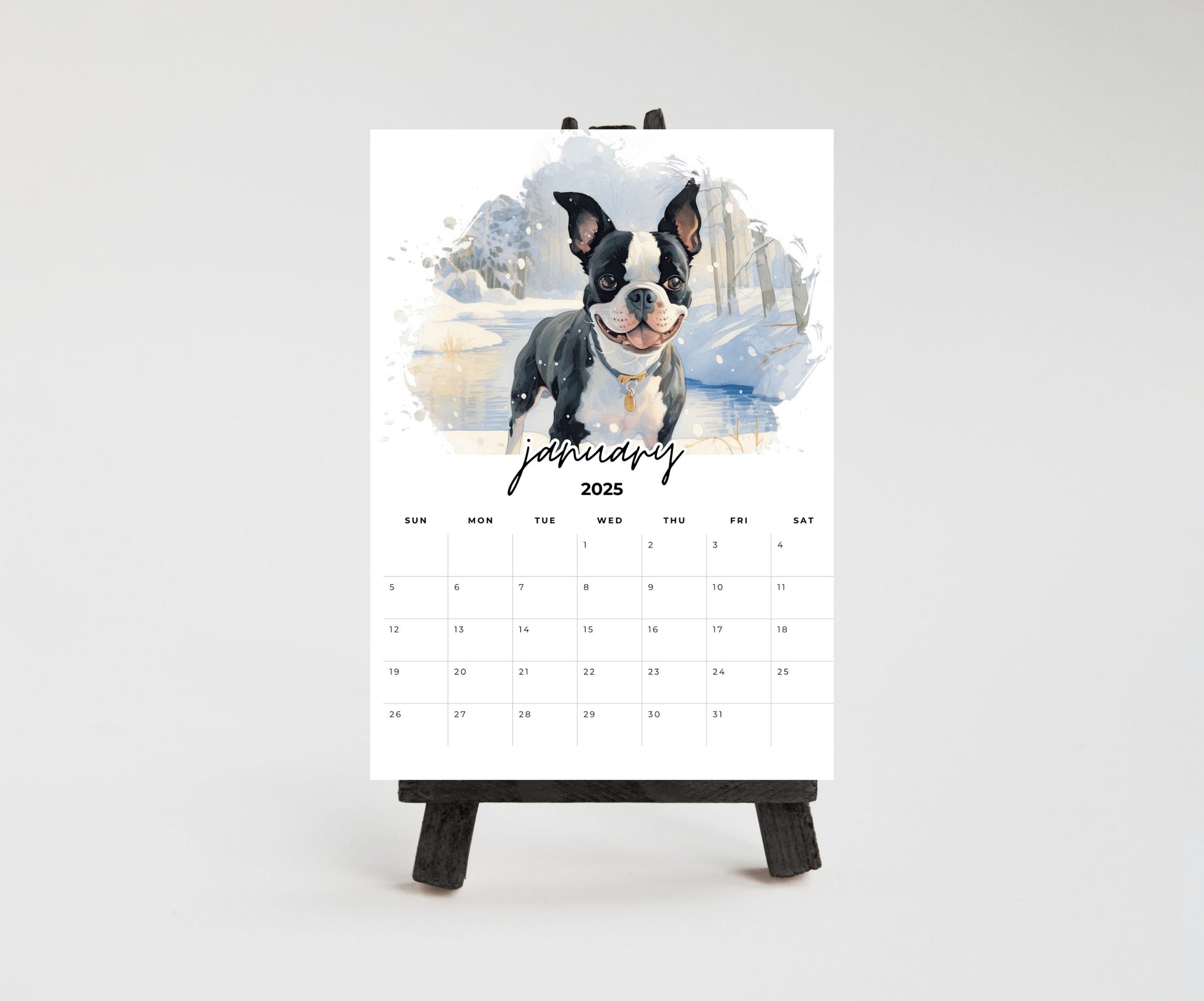 2026 Boston Terrier Desktop Calendar for small office desk space, Optional wood display stand easel. Great gift for Boston Terrier lovers - The Pawprint Paperie