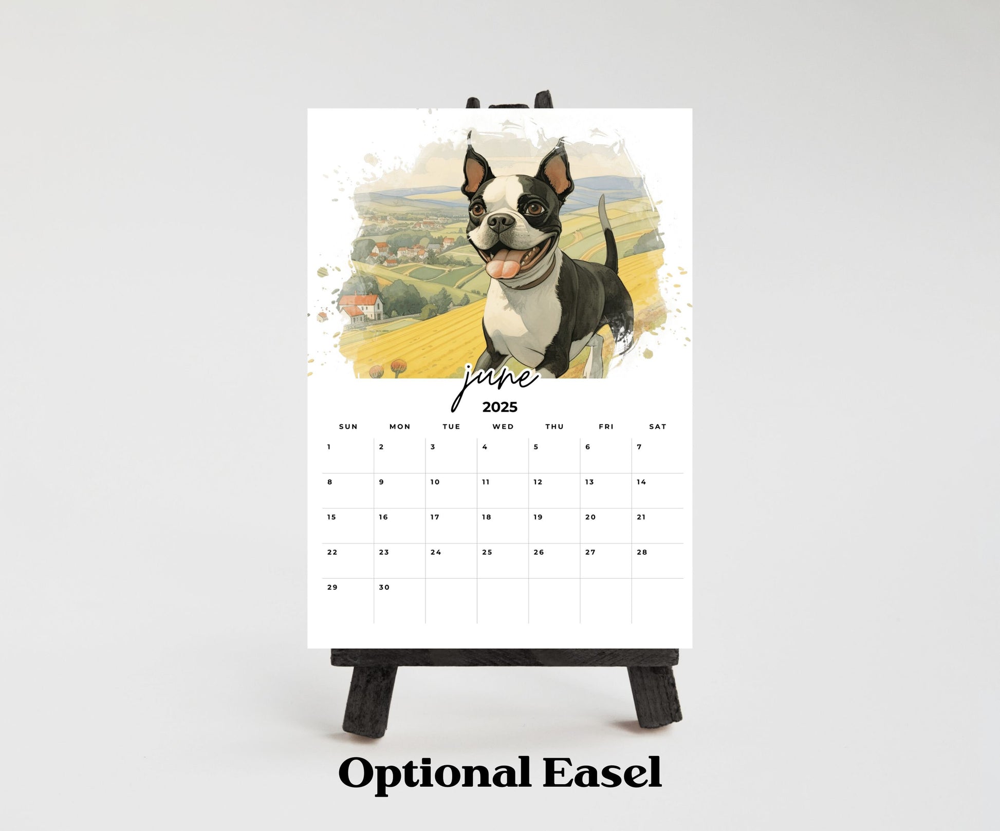 2026 Boston Terrier Desktop Calendar for small office desk space, Optional wood display stand easel. Great gift for Boston Terrier lovers - The Pawprint Paperie