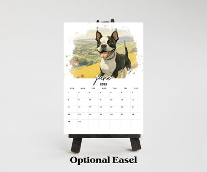 2026 Boston Terrier Desktop Calendar for small office desk space, Optional wood display stand easel. Great gift for Boston Terrier lovers - The Pawprint Paperie