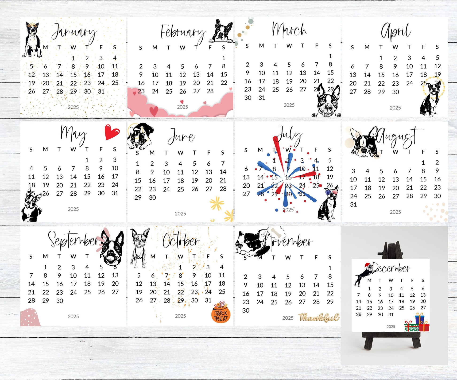 2026 Boston Terrier small desk space stand up calendar - Mini desktop calendar pictures - gift for Boston Terrier -gift for friend -mom - The Pawprint Paperie