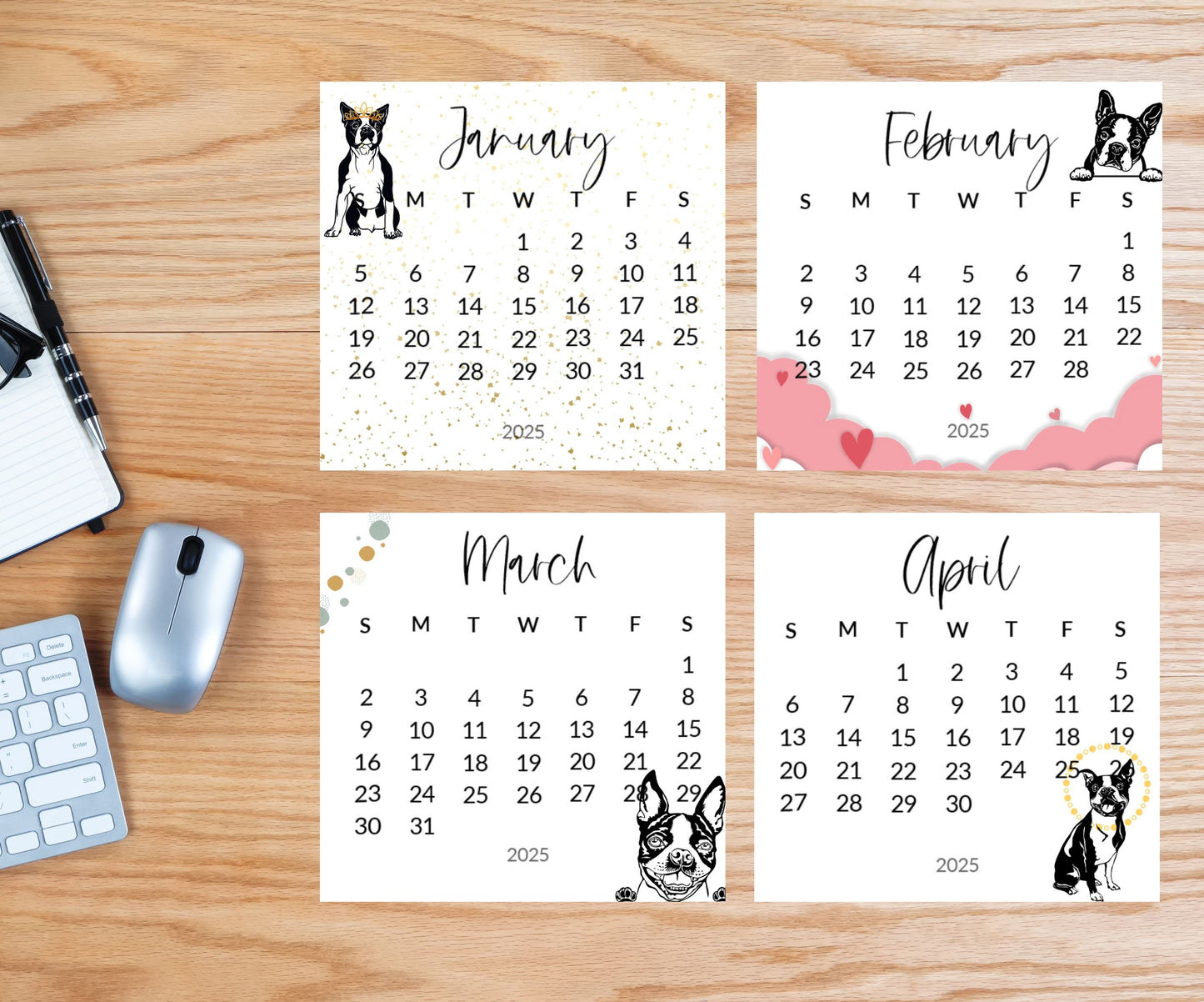 2026 Boston Terrier small desk space stand up calendar - Mini desktop calendar pictures - gift for Boston Terrier -gift for friend -mom - The Pawprint Paperie