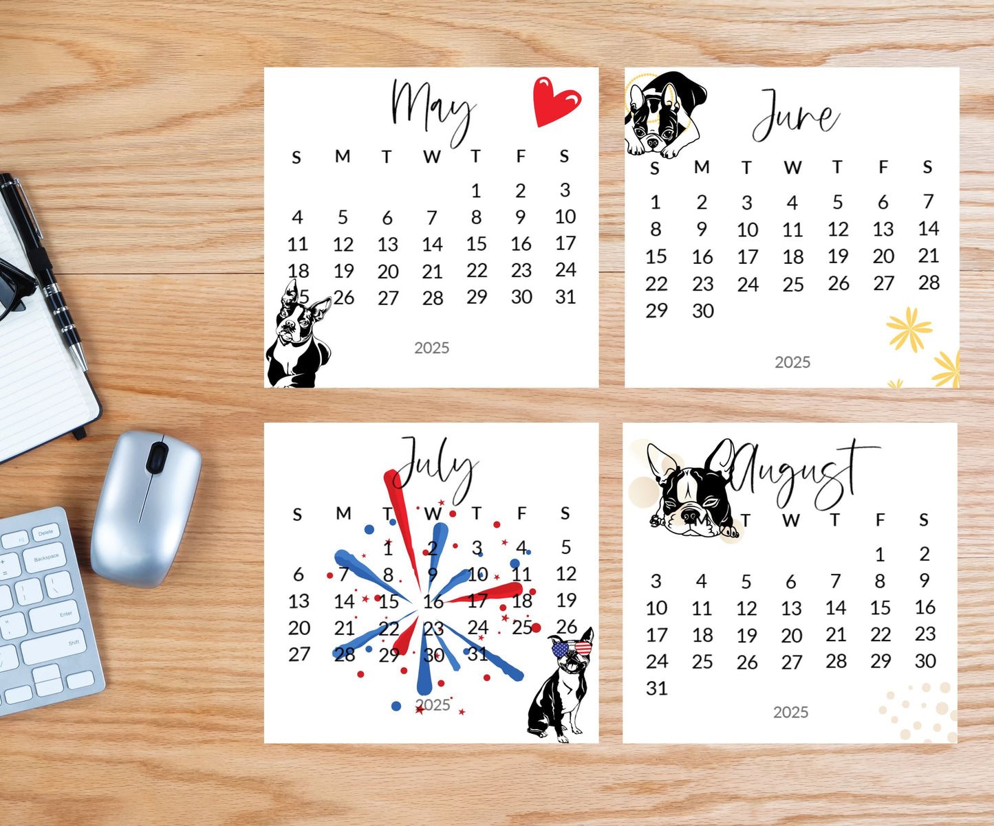 2026 Boston Terrier small desk space stand up calendar - Mini desktop calendar pictures - gift for Boston Terrier -gift for friend -mom - The Pawprint Paperie