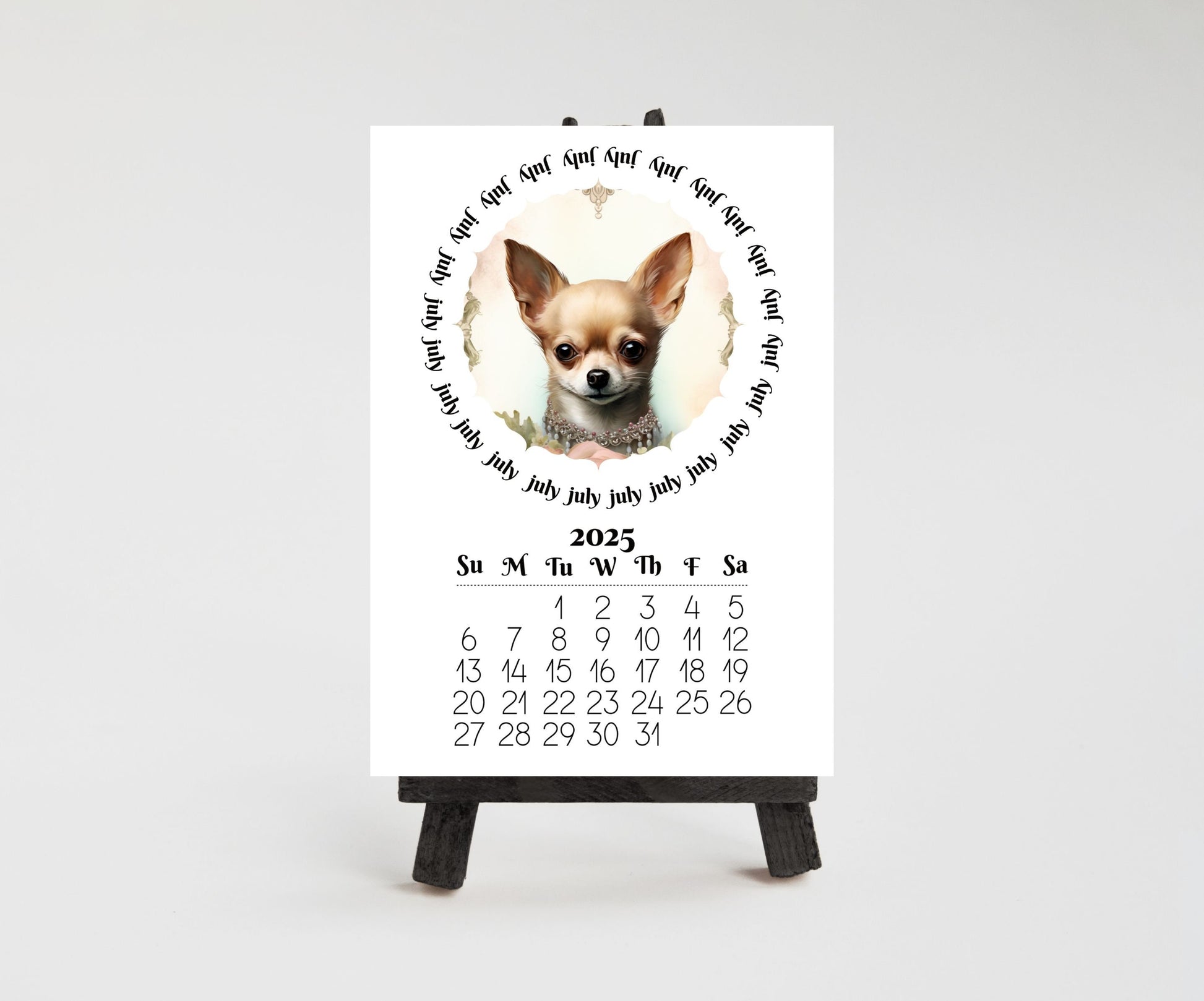Cute Chihuahua 2026 Small Desk Calendar, Wood Stand Available, Laminated Monthly Calendar - The Pawprint Paperie