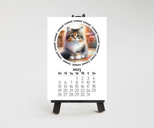 2026 Mini Long Haired Cat mini Calendar - Small Desk Calendar - Optional Wood Display stand - Desktop Calendar - Gift for cat lovers/moms - The Pawprint Paperie