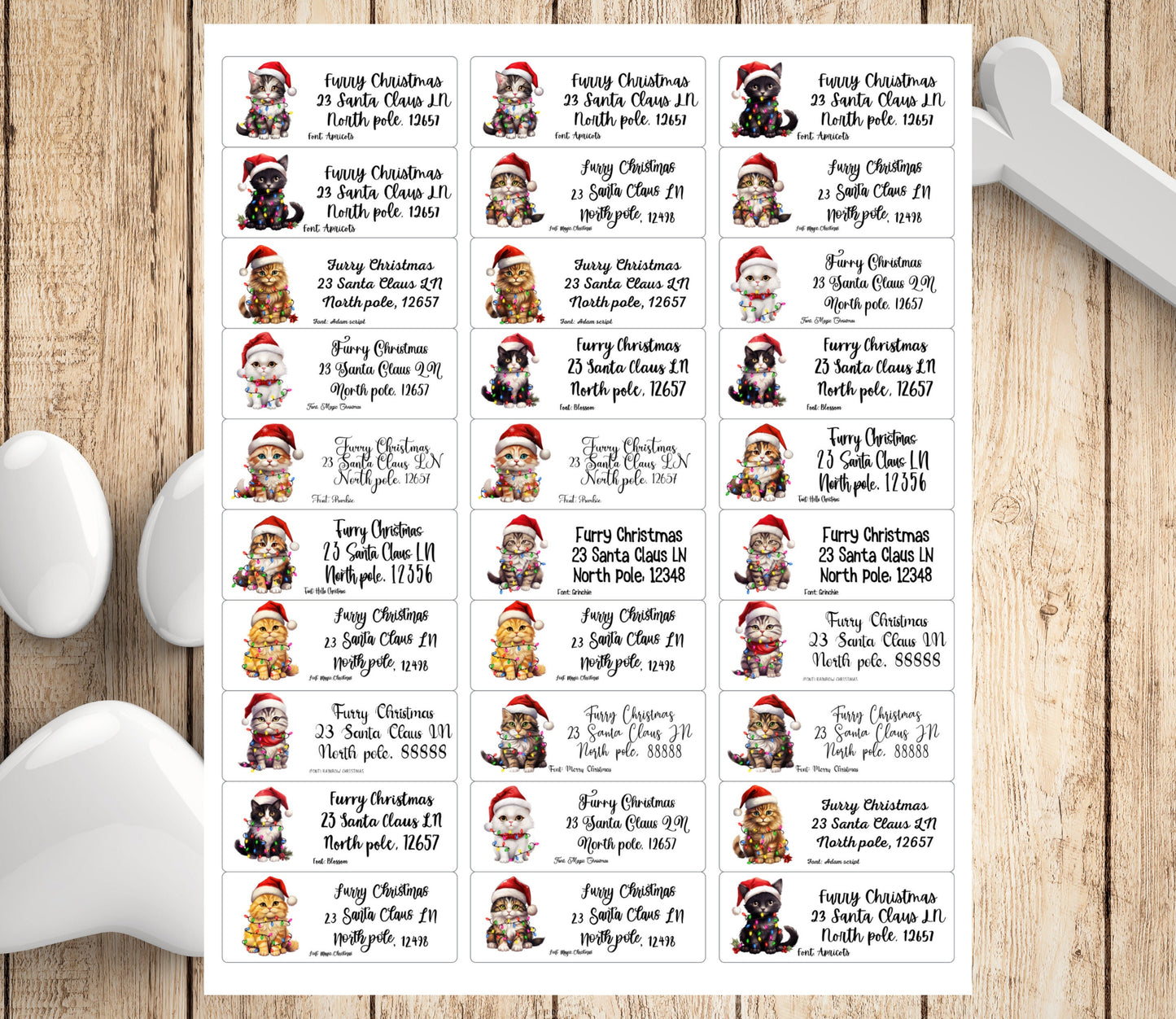 Christmas Cat Address Labels – Holiday Return Address Stickers with Cats in Santa Hats & Lights – FREE Matching Envelope Seals - The Pawprint Paperie