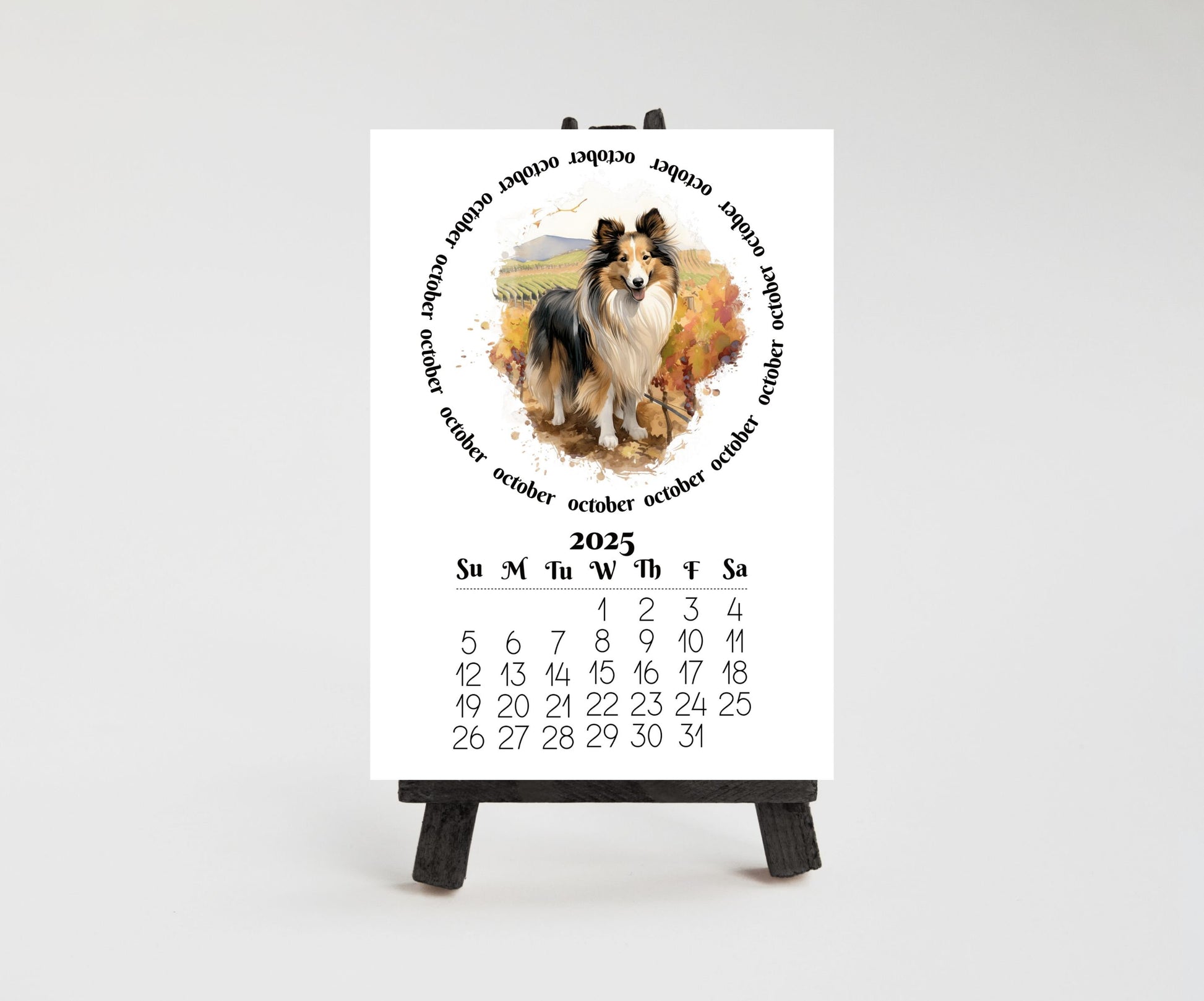 Small Desk Calendar for 2026 Sheltie - Desktop version optional wood mini easel display stand - Lamination available - Dog lovers Gift - The Pawprint Paperie