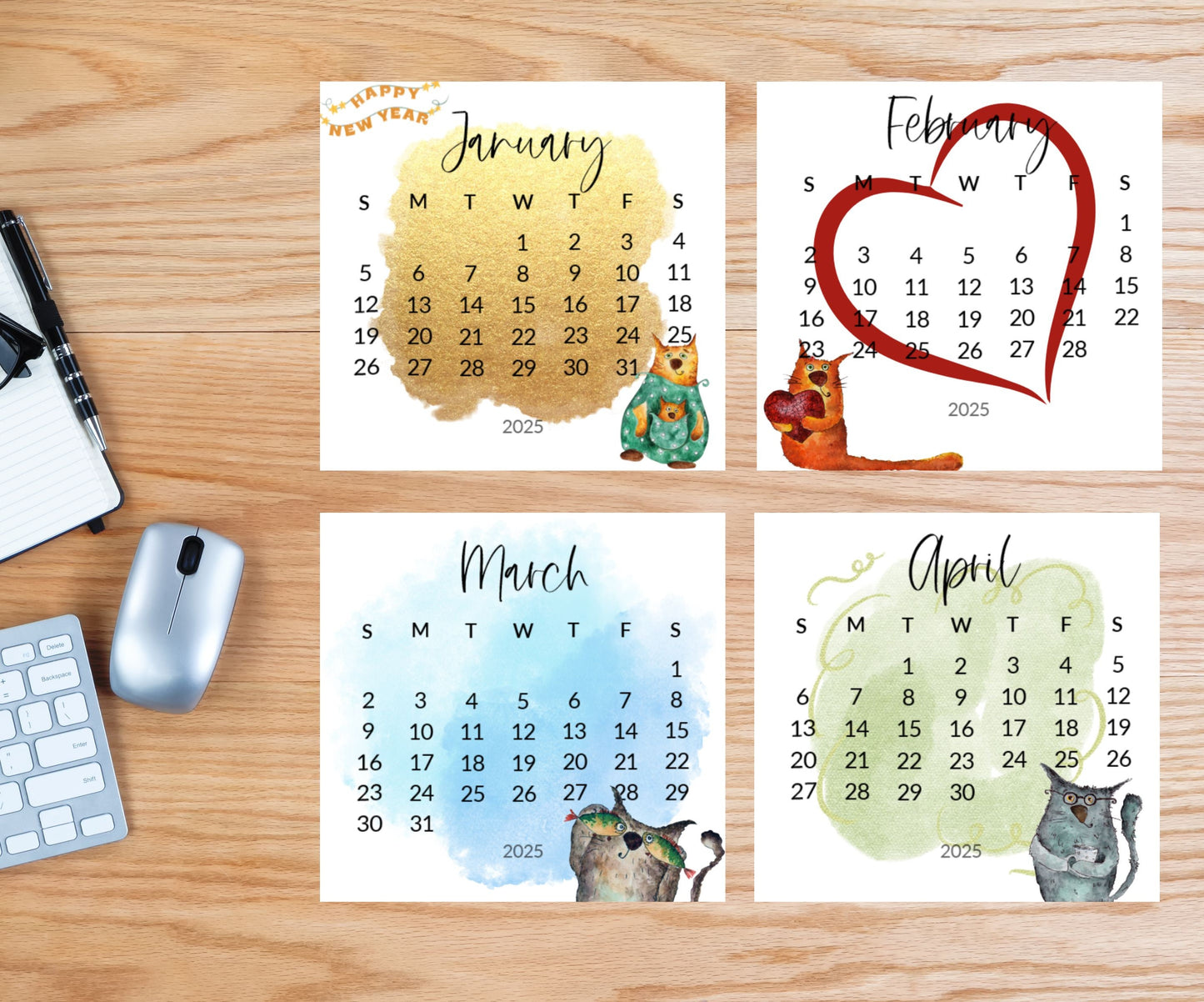 Silly cat small desk 2026 Calendar - Stand up mini calendar desktop or tabletop - small space calendar optional wood display stand/easel - The Pawprint Paperie