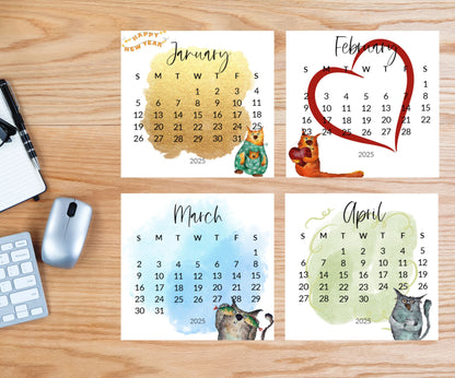 Silly cat small desk 2026 Calendar - Stand up mini calendar desktop or tabletop - small space calendar optional wood display stand/easel - The Pawprint Paperie