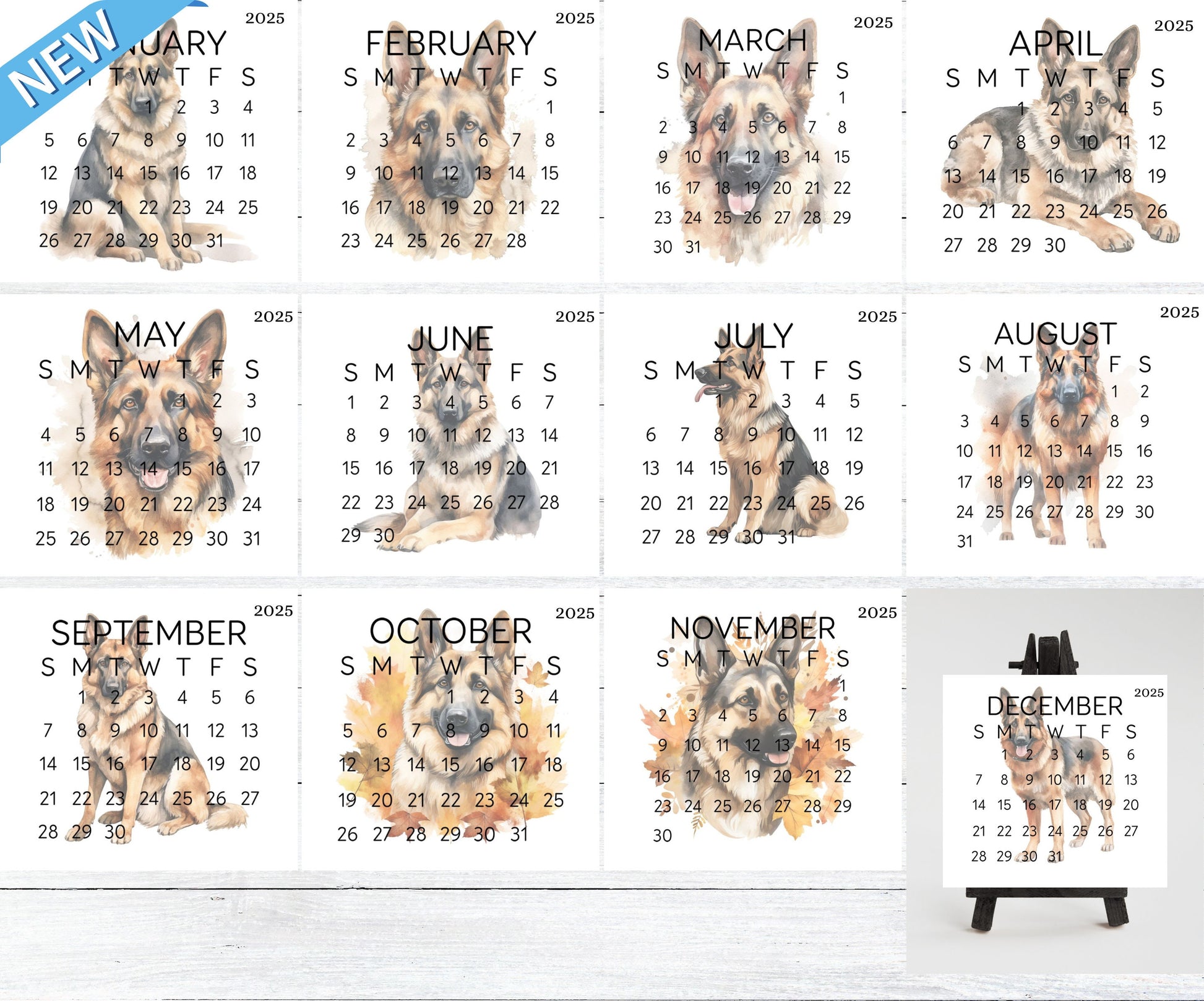 2026 Small Desk German Shephard Calendar, Optional wood display stand, police dog calendar, small office decor, gift for the Shepherd lover - The Pawprint Paperie