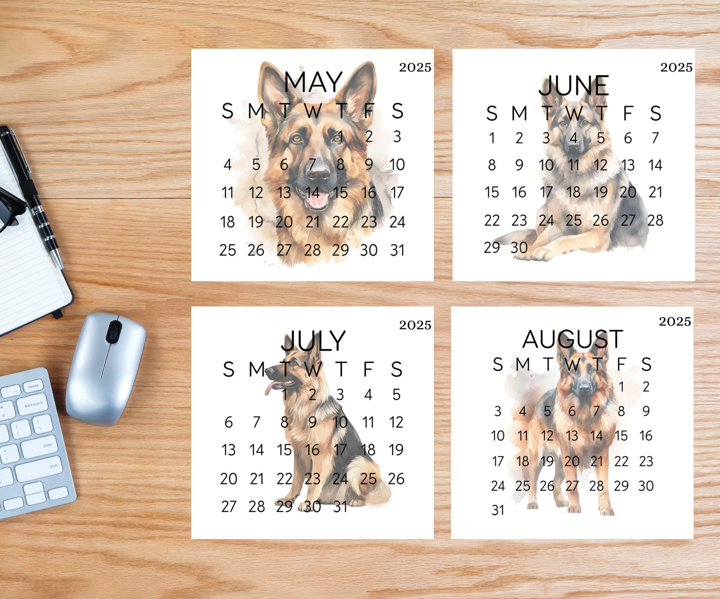2026 Small Desk German Shephard Calendar, Optional wood display stand, police dog calendar, small office decor, gift for the Shepherd lover - The Pawprint Paperie