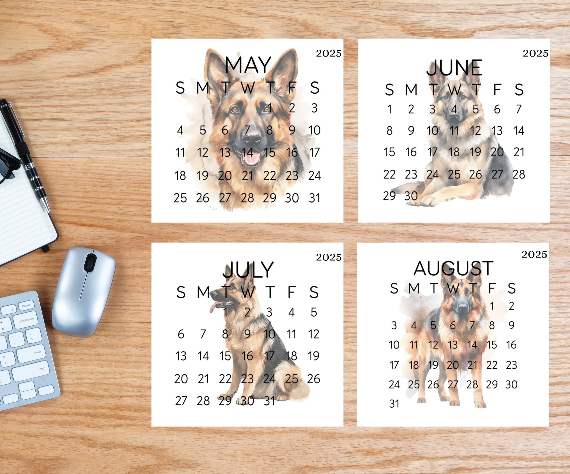 2026 Small Desk German Shephard Calendar, Optional wood display stand, police dog calendar, small office decor, gift for the Shepherd lover - The Pawprint Paperie