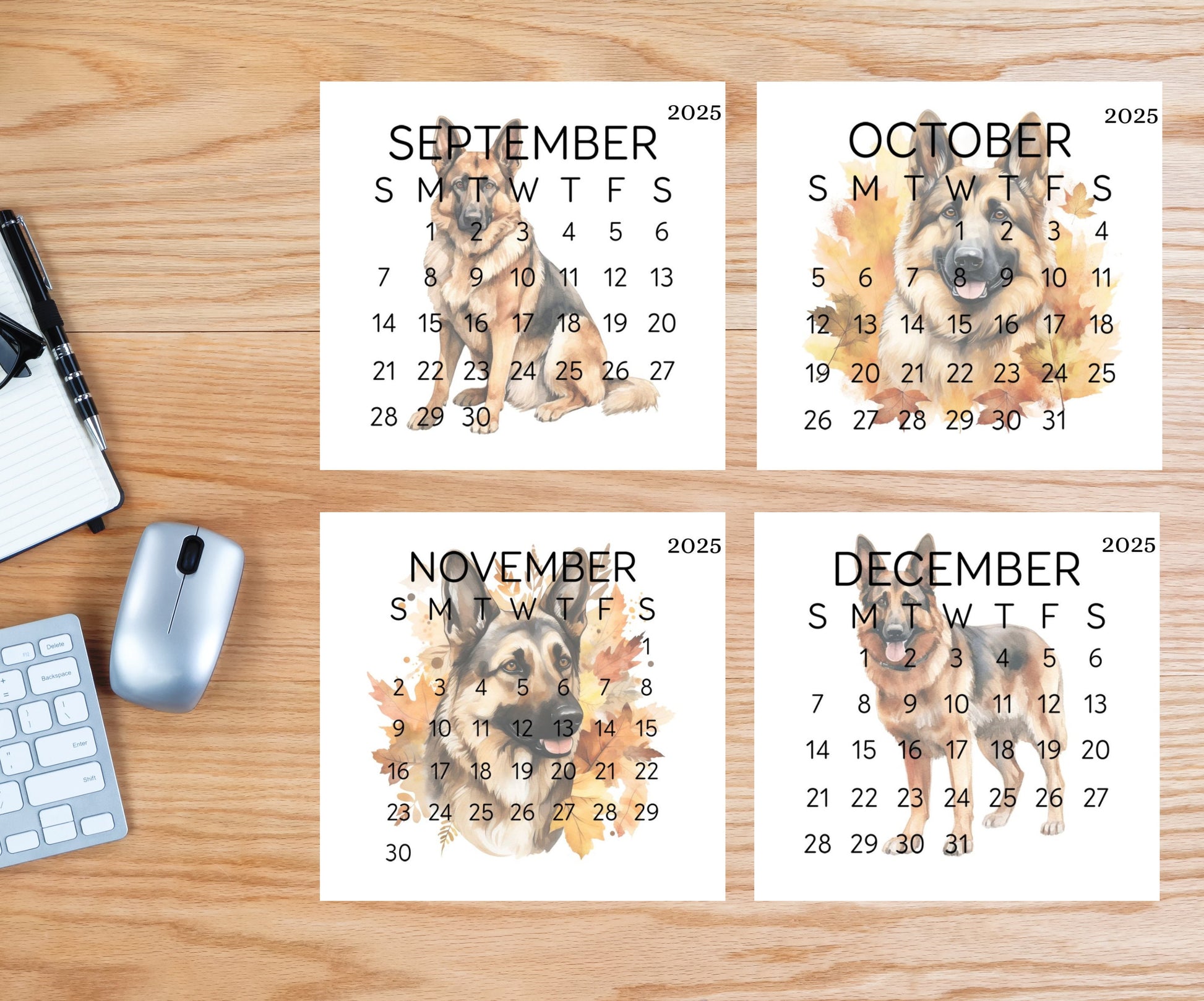 2026 Small Desk German Shephard Calendar, Optional wood display stand, police dog calendar, small office decor, gift for the Shepherd lover - The Pawprint Paperie