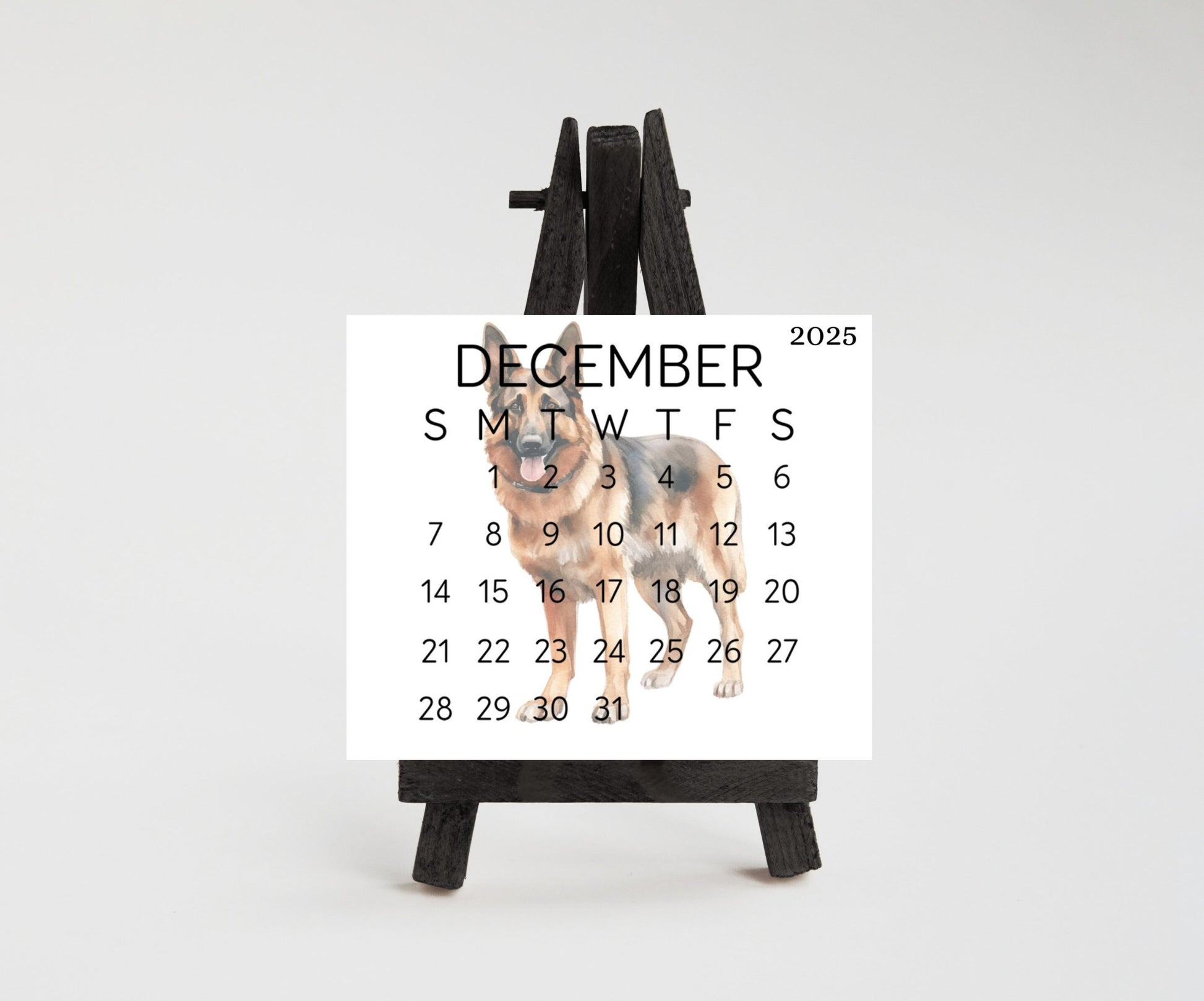 2026 Small Desk German Shephard Calendar, Optional wood display stand, police dog calendar, small office decor, gift for the Shepherd lover - The Pawprint Paperie