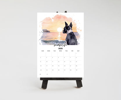 2026 Boston Terrier Desktop Calendar for small office desk space, Optional wood display stand easel. Great gift for Boston Terrier lovers - The Pawprint Paperie