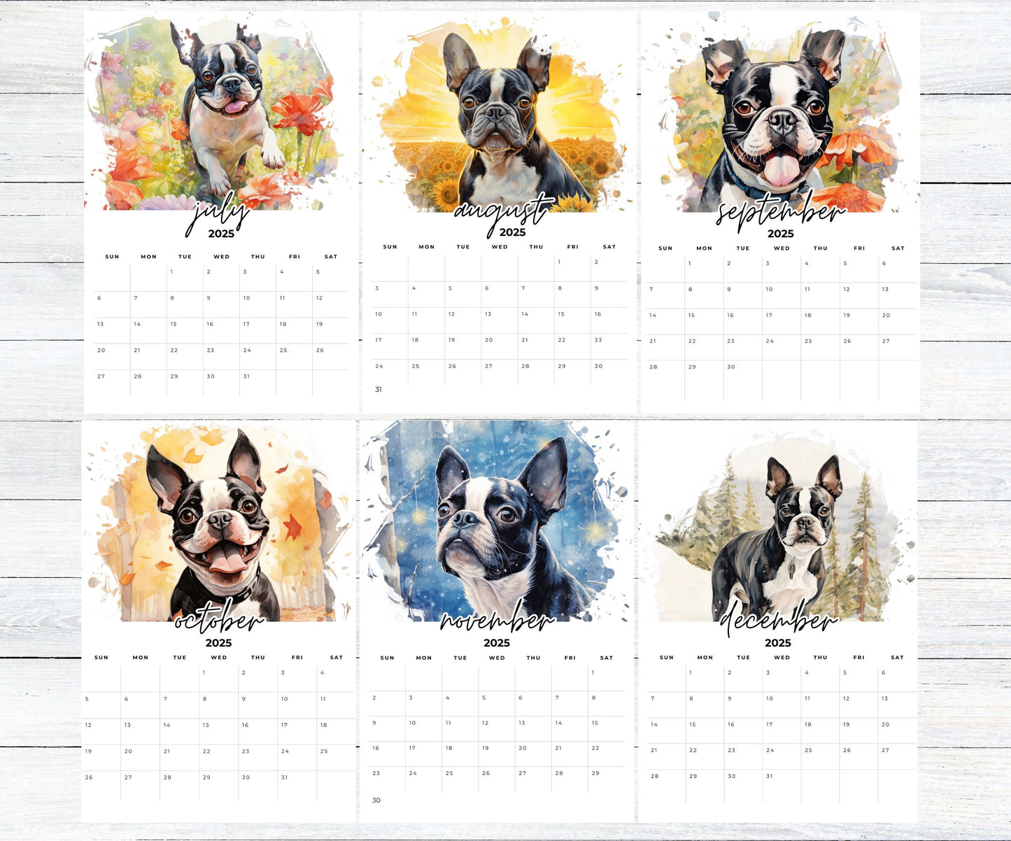 2026 Boston Terrier Desktop Calendar for small office desk space, Optional wood display stand easel. Great gift for Boston Terrier lovers - The Pawprint Paperie