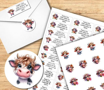 Funny Cow Return Address Label, Custom Mailing Labels Personalized, FREE Matching Letter Seal Sticker, Silly Dairy Farm Animals, Cow Lovers - The Pawprint Paperie
