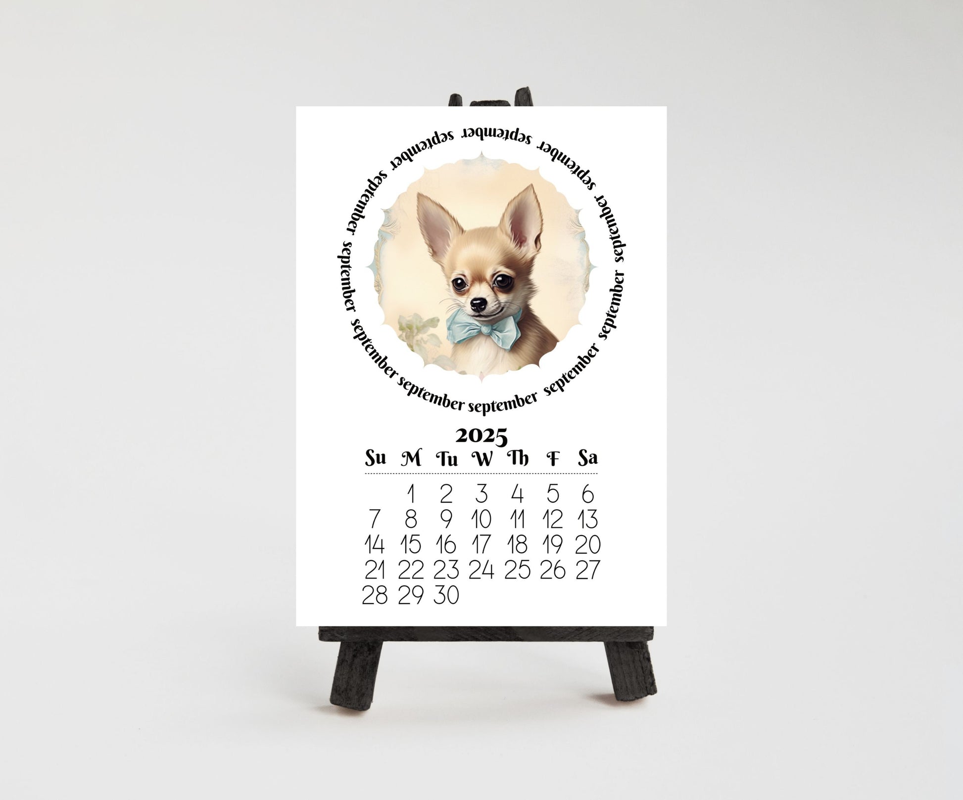 Cute Chihuahua 2026 Small Desk Calendar, Wood Stand Available, Laminated Monthly Calendar - The Pawprint Paperie