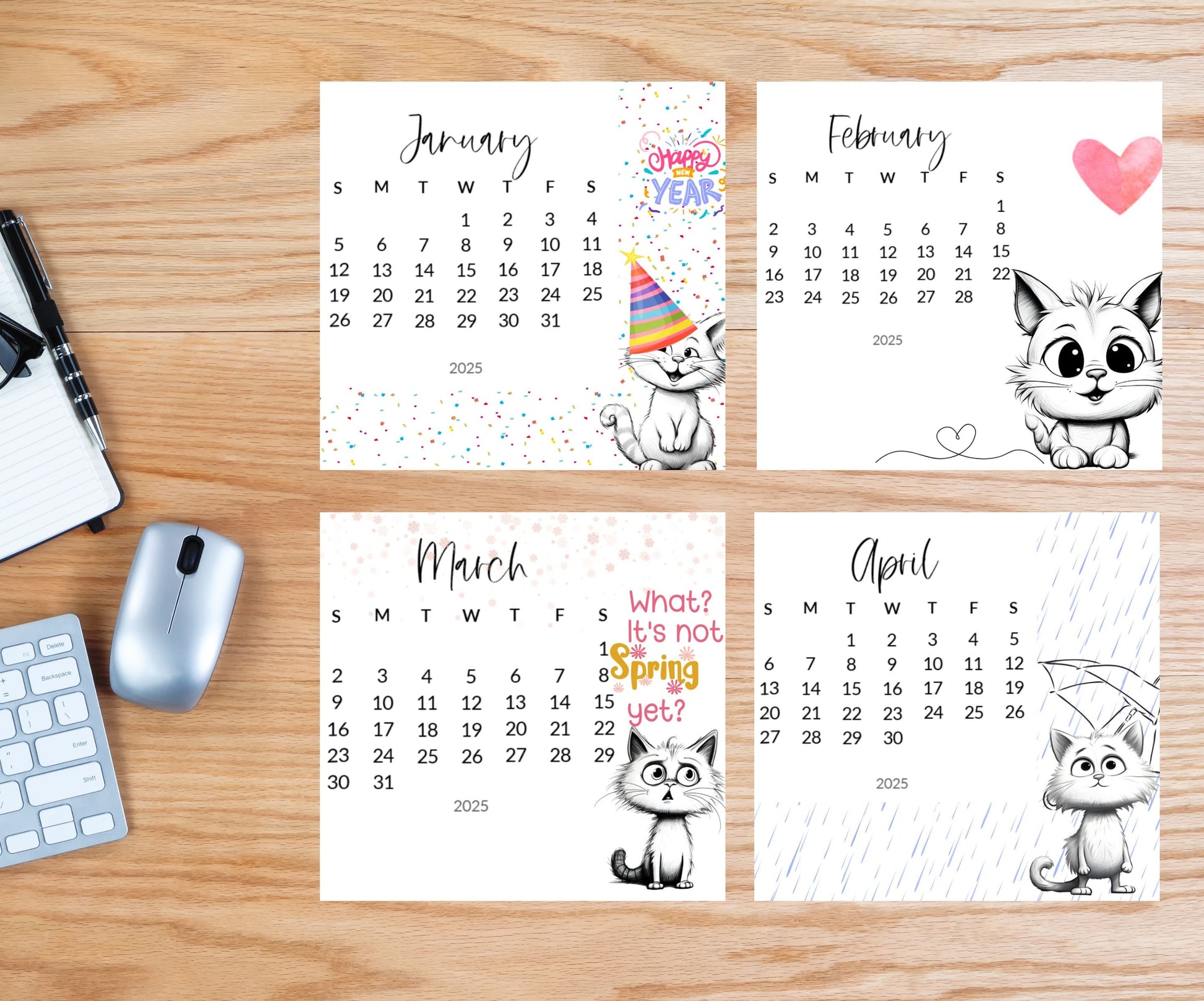 Funny Cat Desk Calendar 2026: Laminated Mini Monthly Calendar - The Pawprint Paperie
