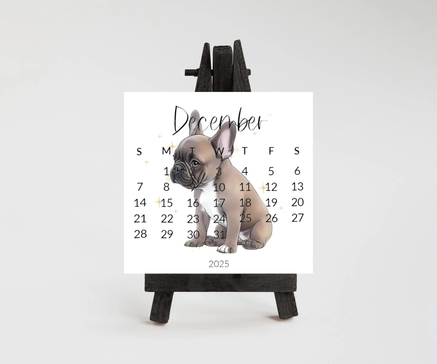 2026 French Bulldog Small Desk Space Monthly Calendar, Opt Wood Easel display Stand, Frenchie Mom Gift, Unique Dog Calendar, Monthly Card - The Pawprint Paperie